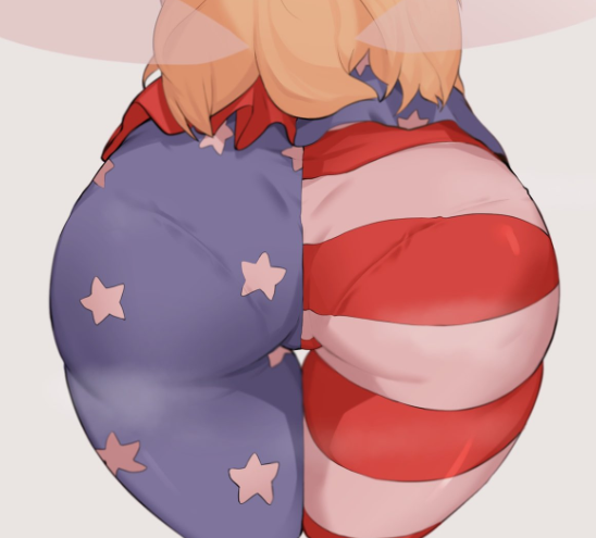 american_flag_legwear ass ass_focus blonde_hair blush butt clownpiece commentary_request doro_au female grey_background long_hair multicolored_clothes pantyhose pantylines presenting_hindquarters rear_view simple_background solo star_(symbol) star_print striped striped_pantyhose thigh_gap touhou transparent_wings underwear wings