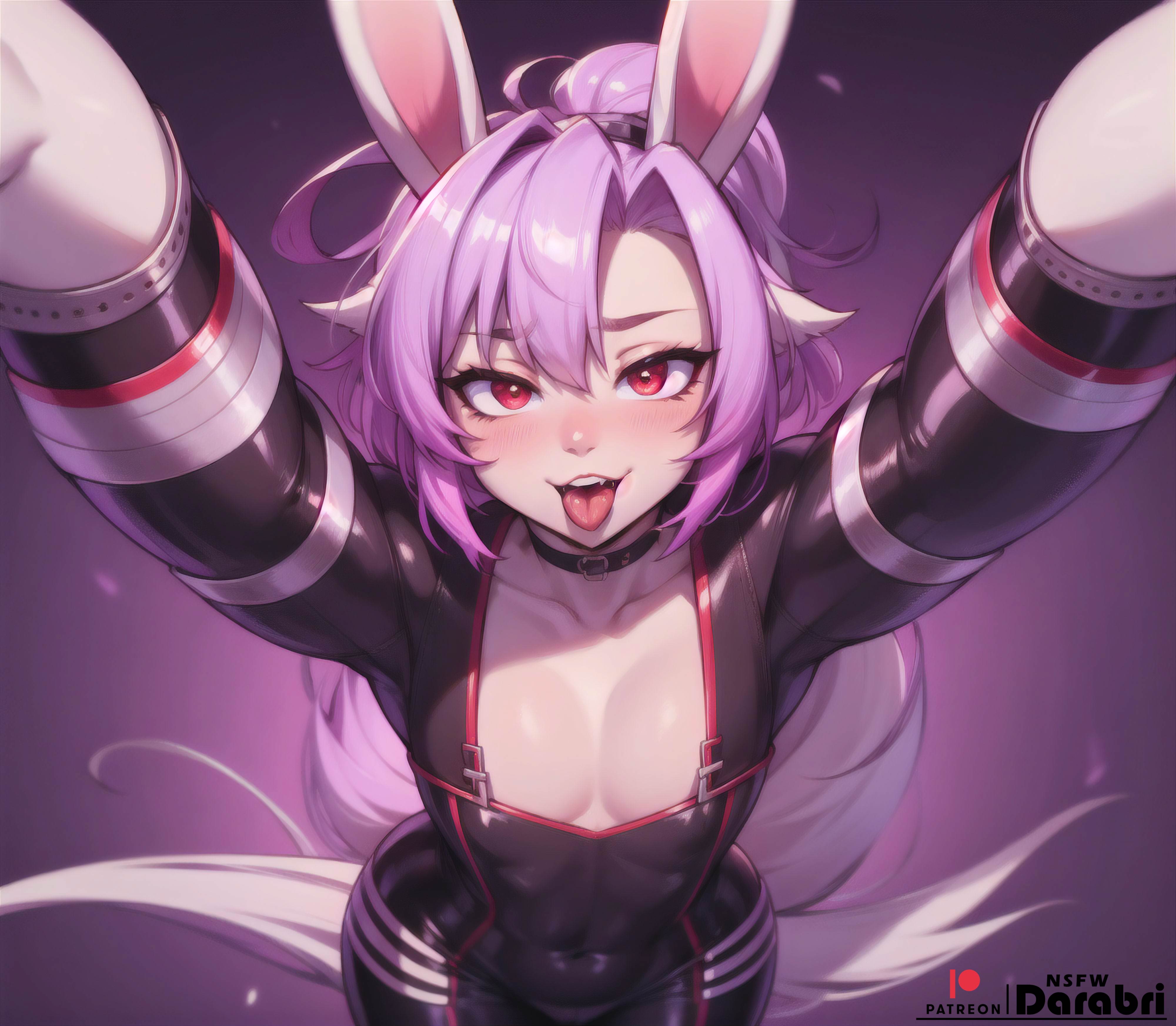 1boy, abs, abstract background, absurd res, absurdres, ai generated, armpits, arms up, ass, big ass, big butt, blush, cleavage, collar, color, colored, darabri, femboy, feminine, feminine male, gradient background, hi res, highres, logo, long hair, looking at viewer, looking up, male, navel, open mouth, otoko no ko, outline, pale skin, patreon, patreon logo, purple hair, rabbit, rabbit ears, rabbit humanoid, red eyes, saliva, solo, solo focus, solo male, tight clothing, tight fit, tights, toned, tongue, tongue out, track suit, trap