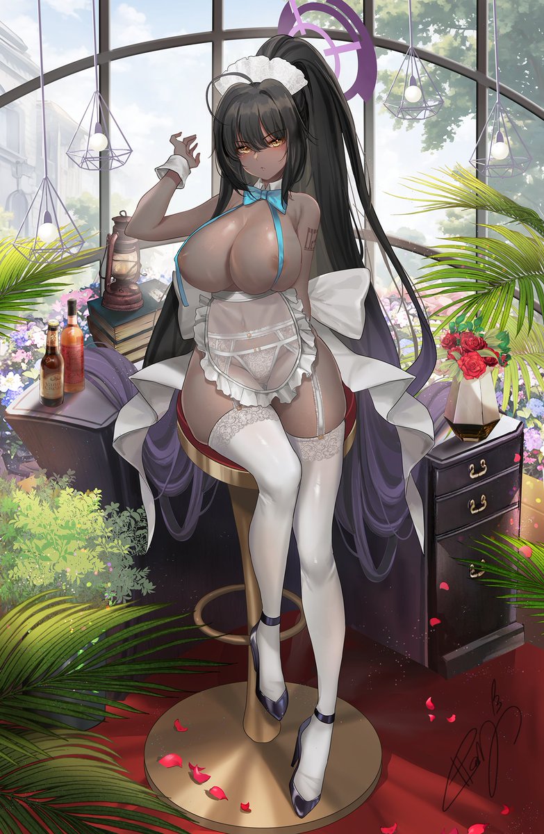 apron areola_slip bare_shoulders blue_archive blush breasts cleaning_&_clearing_(blue_archive) dark_skin detached_collar female female_only garter_belt halo hanh_chu high_heels highres huge_breasts indoors karin_(blue_archive) long_hair looking_at_viewer maid maid_apron maid_headdress millennium_science_school_student number_tattoo panties revealing_clothes see-through sitting solo tattoo thighhighs underwear white_panties white_thighhighs yellow_eyes