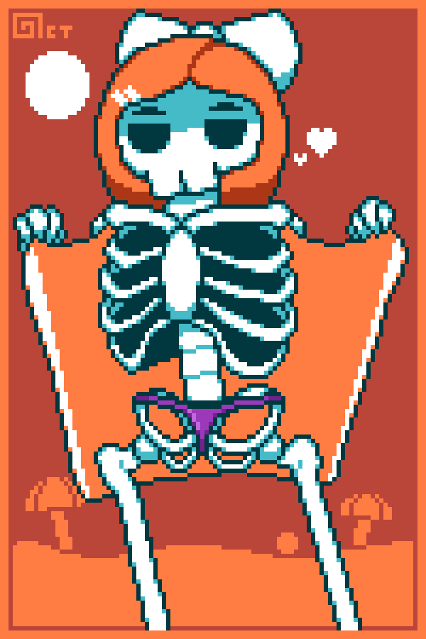 1girls 2d beach bow exhibitionism female_only hairclip octotron2000 orange_hair pixel_art short_hair skeleton solo solo_female thong topless towel undead