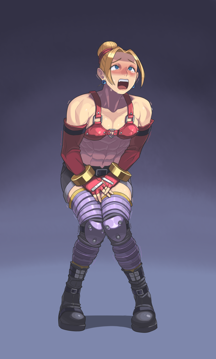 1boy 1femboy 2d 2d_(artwork) ambush_(trap) blonde_femboy blonde_hair_male bloody_roar blush boots earrings fingerless_gloves fox_(bloody_roar) hans_taubemann iggler light-skinned_femboy light-skinned_male light_skin male male_only muscular_femboy open_mouth pink_fingerless_gloves short_shorts tagme tears_in_eyes tied_hair trap video_game_character video_game_franchise