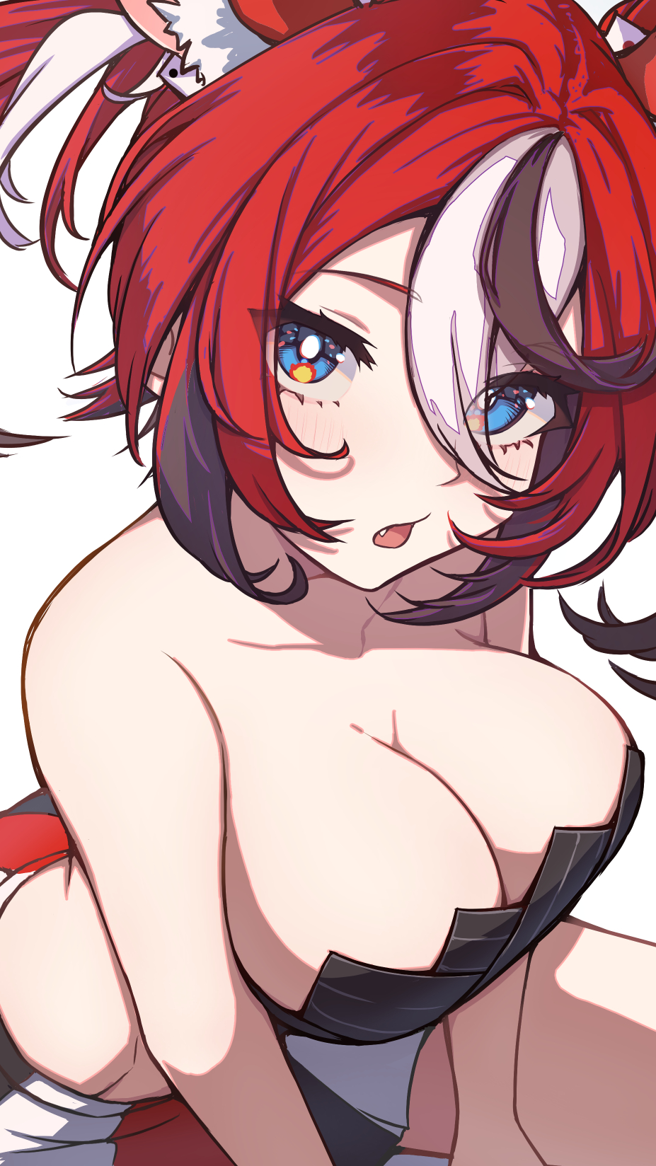 1girls, alimahuyu, big breasts, black hair, blue eyes, blush, blush lines, blushing, blushing at viewer, breasts, cleavage, clothed, clothing, female, female focus, female only, hakos baelz, hakos baelz (1st costume), hololive, hololive english, hololive english -council-, hololive english -promise-, large breasts, light skin, light-skinned female, looking at viewer, rat, rat ears, rat girl, red ears, red hair, simple background, solo, thick thighs, virtual youtuber, white background, white hair