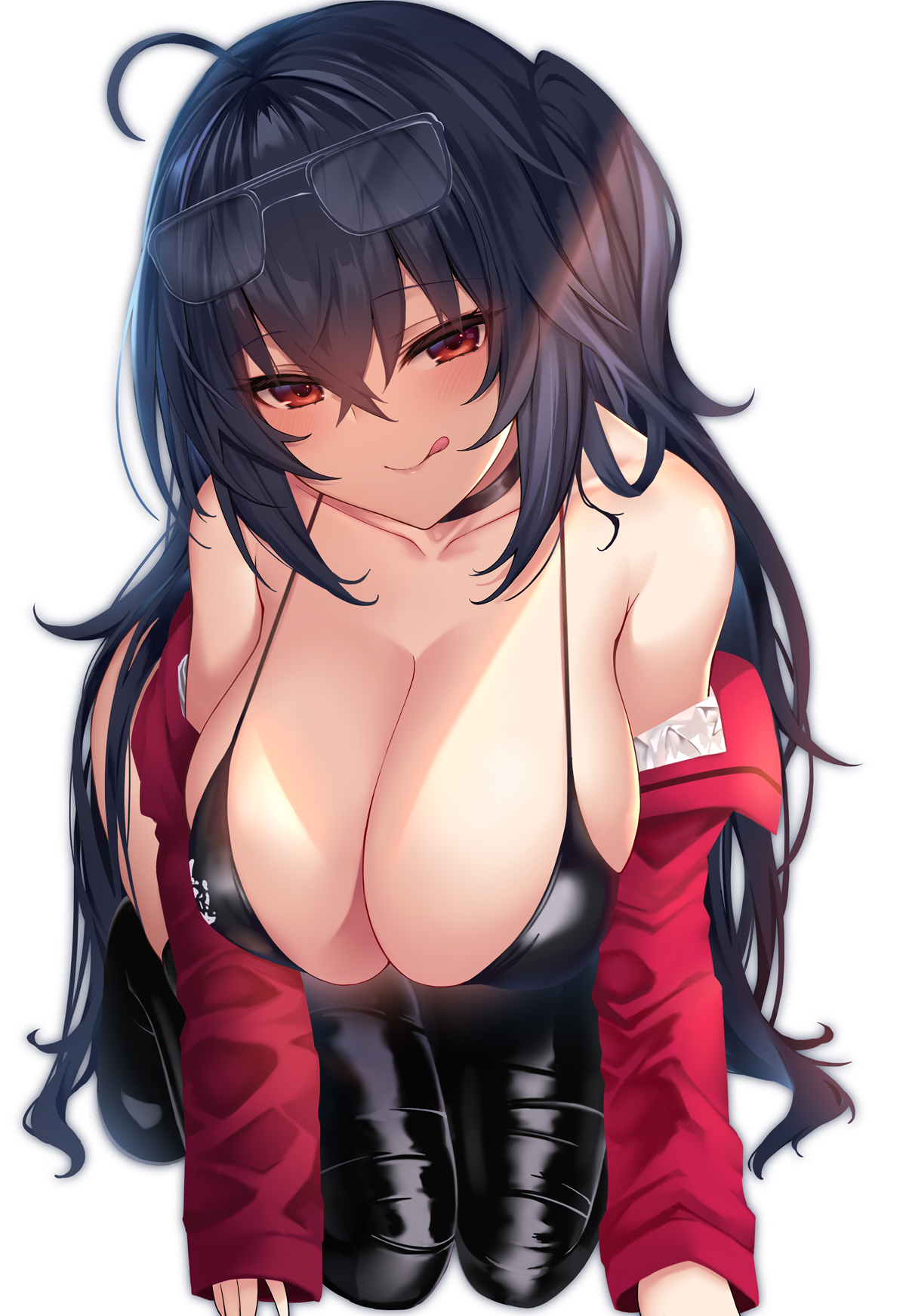 1girls, azur lane, black bikini, black hair, female, female only, long hair, looking at viewer, nakatama kyou, race queen, red eyes, red jacket, smile, smiling at viewer, solo, solo female, taihou (azur lane), taihou (enraptured companion) (azur lane), white background