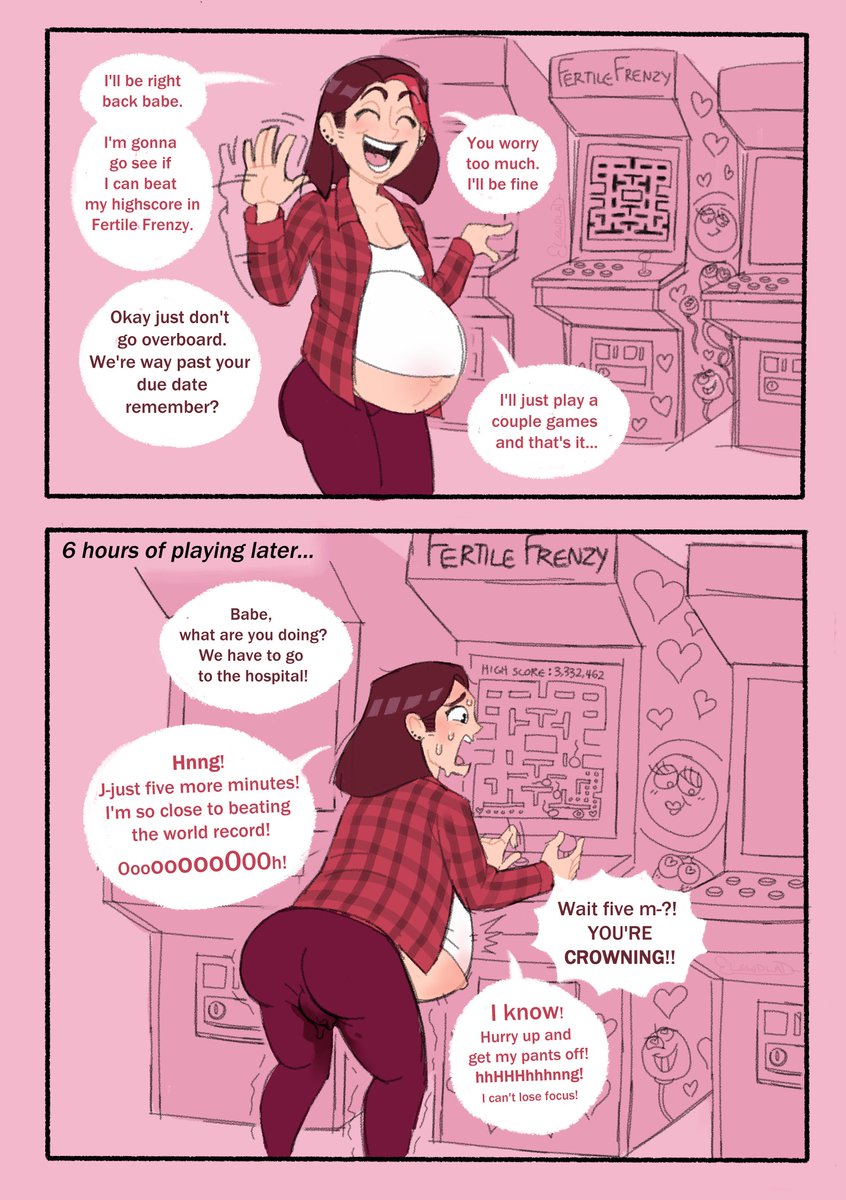 1girls arcade_machine big_belly birth blocked_birth casual casual_birth clothing crowning electronics english_text female gaming human labor lewdlad pale_skin pregnant public ready_to_pop sweat sweater sweating text