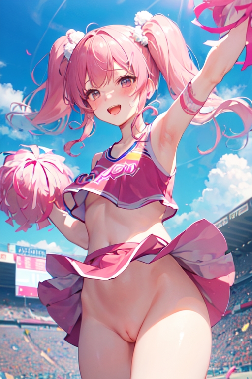 ai_generated cheering cheerleader cheerleader_outfit cheerleader_uniform female female_focus female_only no_bra no_panties no_underwear pink_dress pink_hair pink_skirt pink_uniform pom_pom_(cheerleading) pom_poms pussy skirt skirt_lift skirt_up solo solo_female solo_focus vagina white_shirt