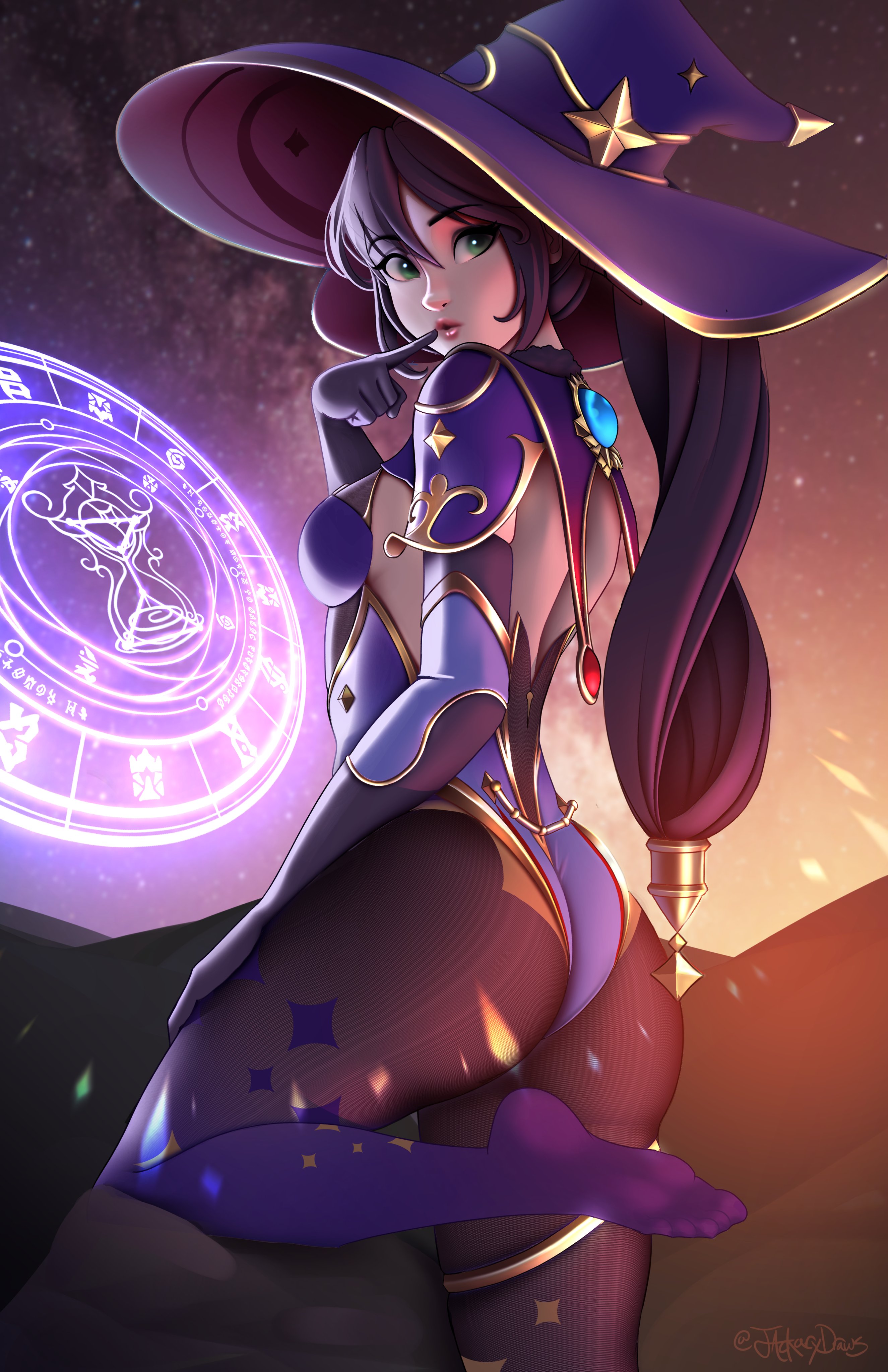 1girls, ass, big ass, big butt, female, genshin impact, hat, jackary draws, legwear, long hair, mona (genshin impact), pantyhose, thick thighs, thighs