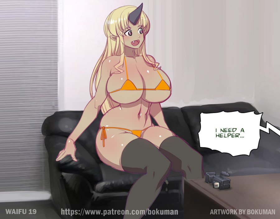 1girls, before sex, big breasts, bikini, blonde hair, bokuman, breasts, busty, camera, casting, casting couch, dark skin, dark-skinned female, female, female only, humanoid, imminent sex, large breasts, long hair, monster girl, monster musume no iru nichijou, oni, oni female, oni horn, sofa, thighhighs, tionishia, uncensored