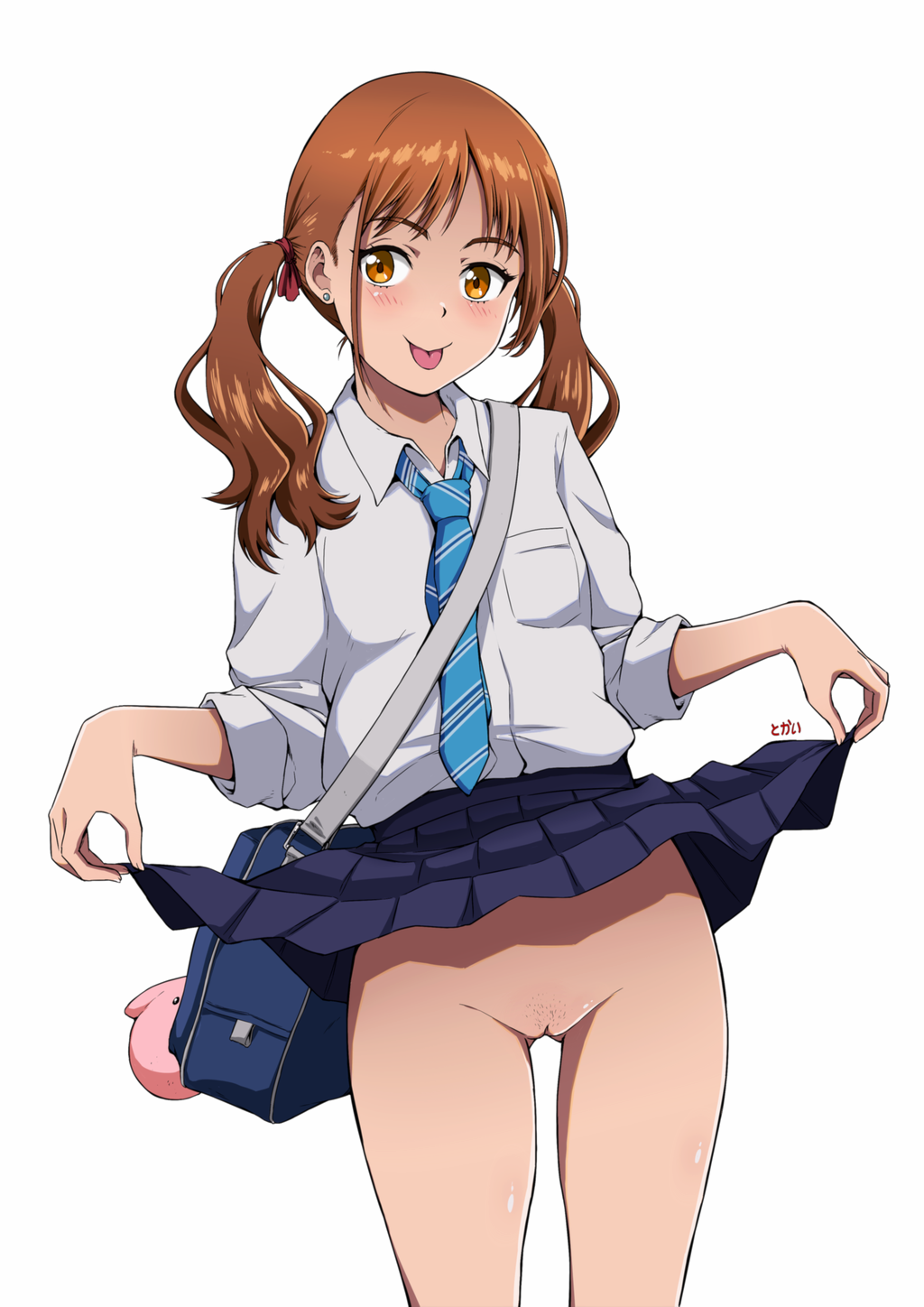 artist_name ass_visible_through_thighs bag baggy_clothes blue_necktie blue_skirt blush breast_pocket breasts brown_hair collared_shirt dress_shirt female female_pubic_hair hair_tie highres lifted_by_self looking_at_viewer low_twintails necktie no_panties orange_eyes original pleated_skirt pocket pubic_hair pussy school_bag school_uniform shadow shirt shoulder_bag simple_background skirt sleeves_rolled_up small_breasts standing tokai tongue tongue_out twintails white_background white_shirt