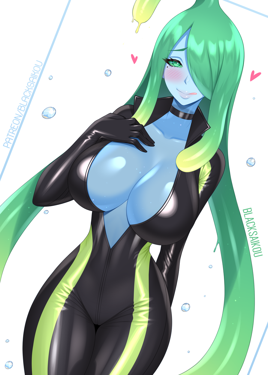 1girls big_breasts blacksaikou blue_skin bodysuit breasts female female_only goo_girl green_eyes green_hair monster_girl monster_musume_no_iru_nichijou slime_girl smiling suu_(monster_musume) tagme tentacle_hair voluptuous voluptuous_female