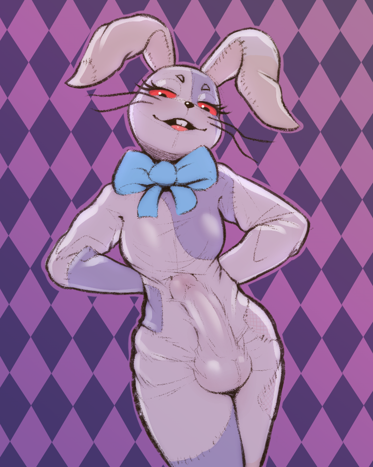 anthro biskydraws breasts buckteeth clothed clothing erection erection_under_clothing five_nights_at_freddy's futa_only futanari genitals intersex lagomorph leporid mammal open_mouth penis rabbit red_eyes scottgames solo teeth vanny_(fnaf) whiskers white_body