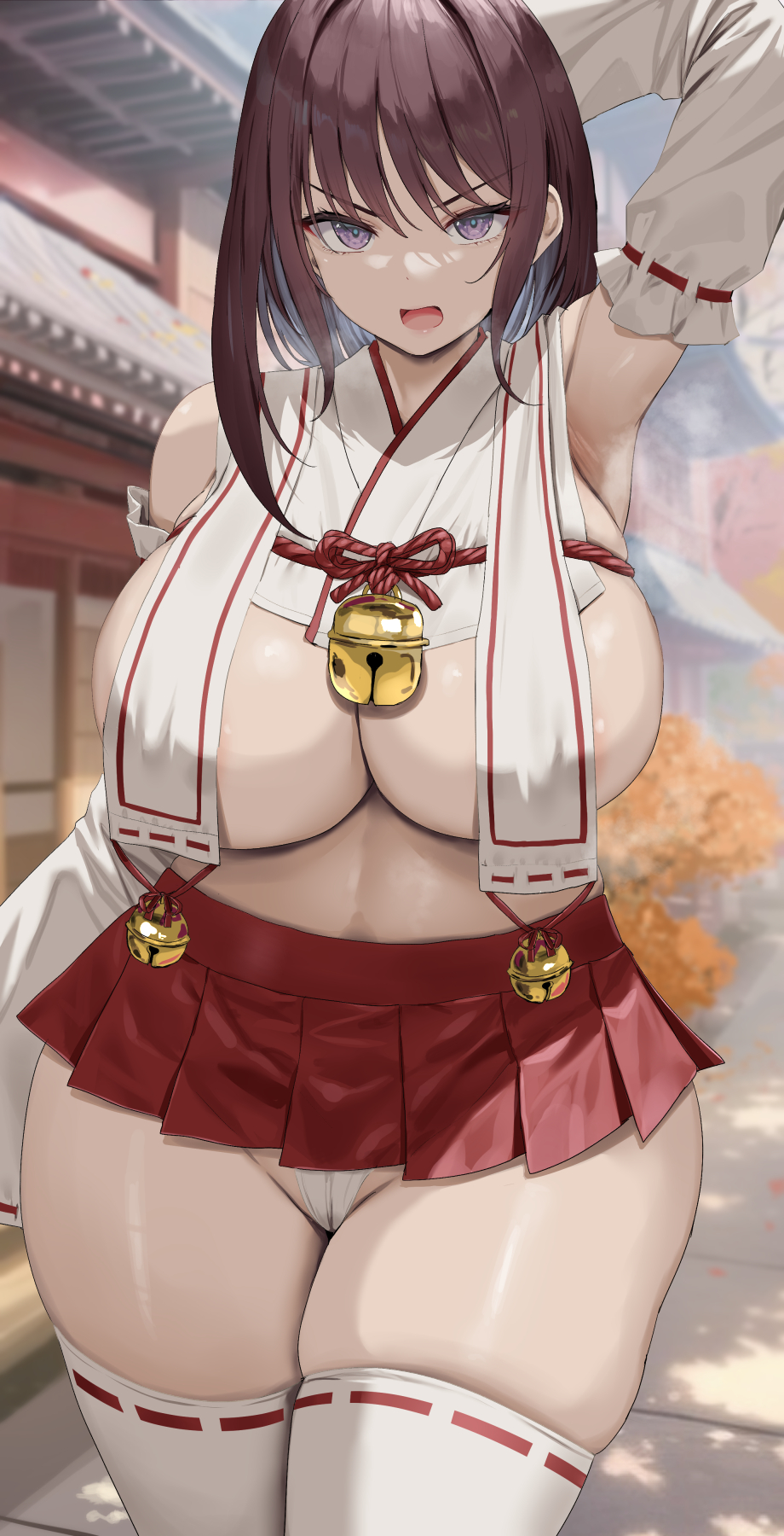 1girls, breast curtains, breasts, cleavage, female, hips, huge breasts, miko, naughty face, oekakizuki, original, original character, panties, purple eyes, red hair, revealing clothes, short hair, short skirt, shrine maiden, skirt, thick thighs, thighs, white panties, wide hips