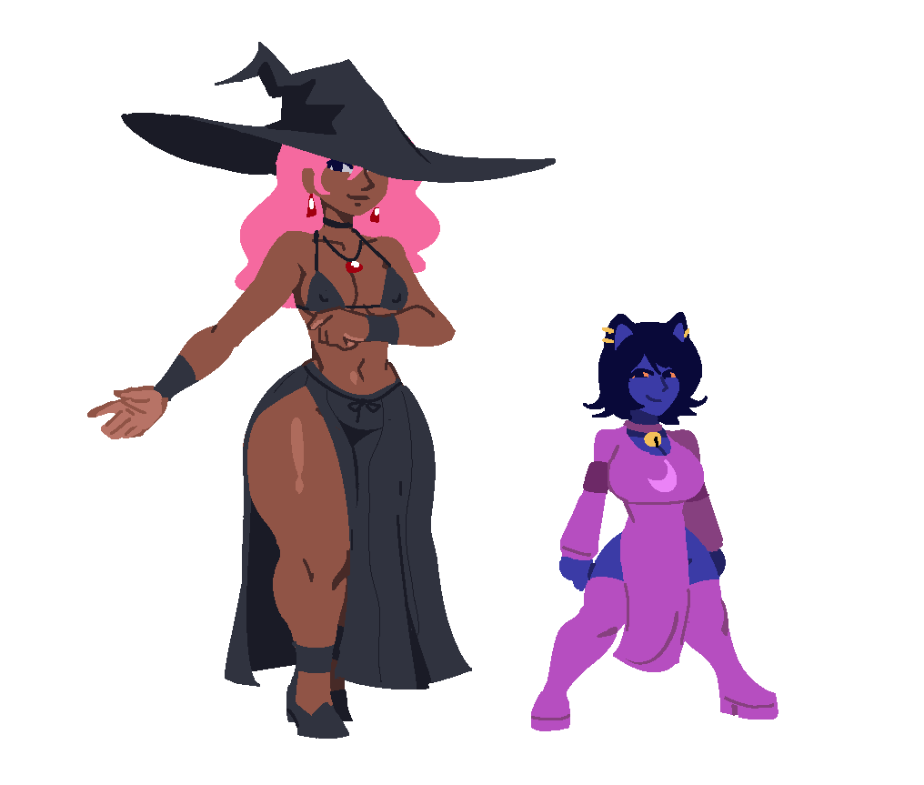 2girls big_breasts blue_skin cat_ears cat_girl catgirl choker dark-skinned_female heels jingle_bell luna_(royalmilk20) neck_bell nipple_bulge oc original_character royalmilk20 shortstack slutty_witch_(royalmilk20) thick_thighs thigh_high_boots wide_hips witch witch_hat