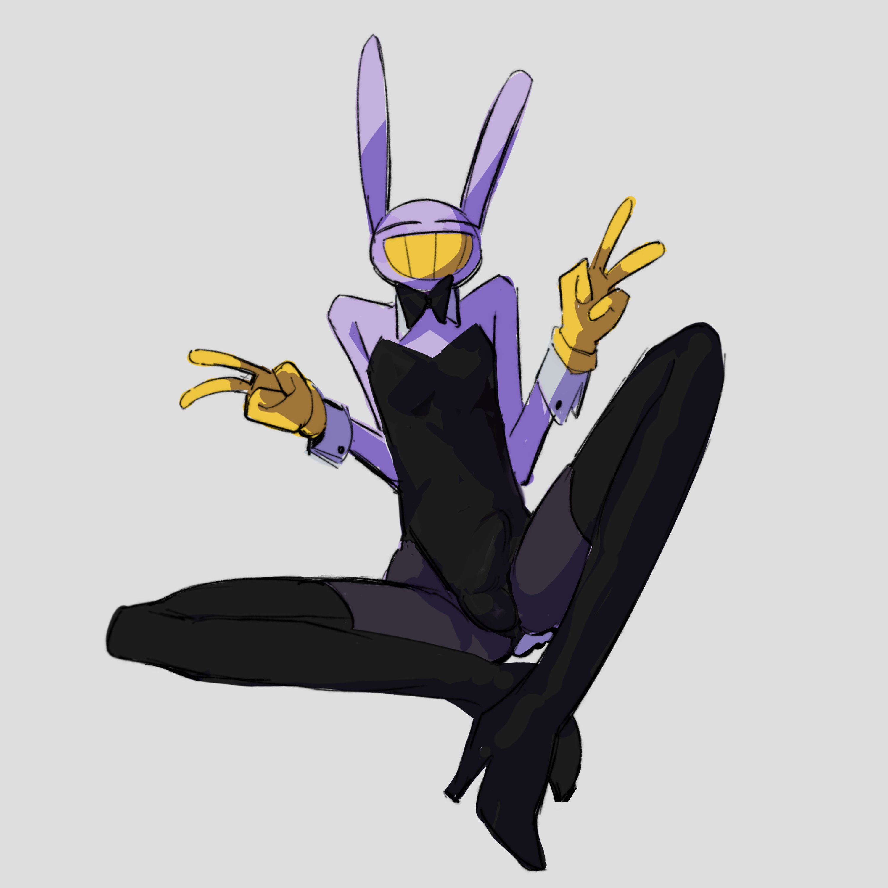 1boy, 2d, anthro, black boots, bulge, bulge through clothing, bunny ears, bunnysuit, closed eyes, crossdressing, erection under clothes, femboy, gay, gay male, glitch productions, gloves, gooseworx, high heel boots, high heels, jax (the amazing digital circus), leotard, male, male only, male playboy bunny, peace sign, playboy bunny, playboy bunny costume, purple body, smiling, solo, solo male, ss0v3l, strapless leotard, tagme, the amazing digital circus, thigh boots, yellow mouth