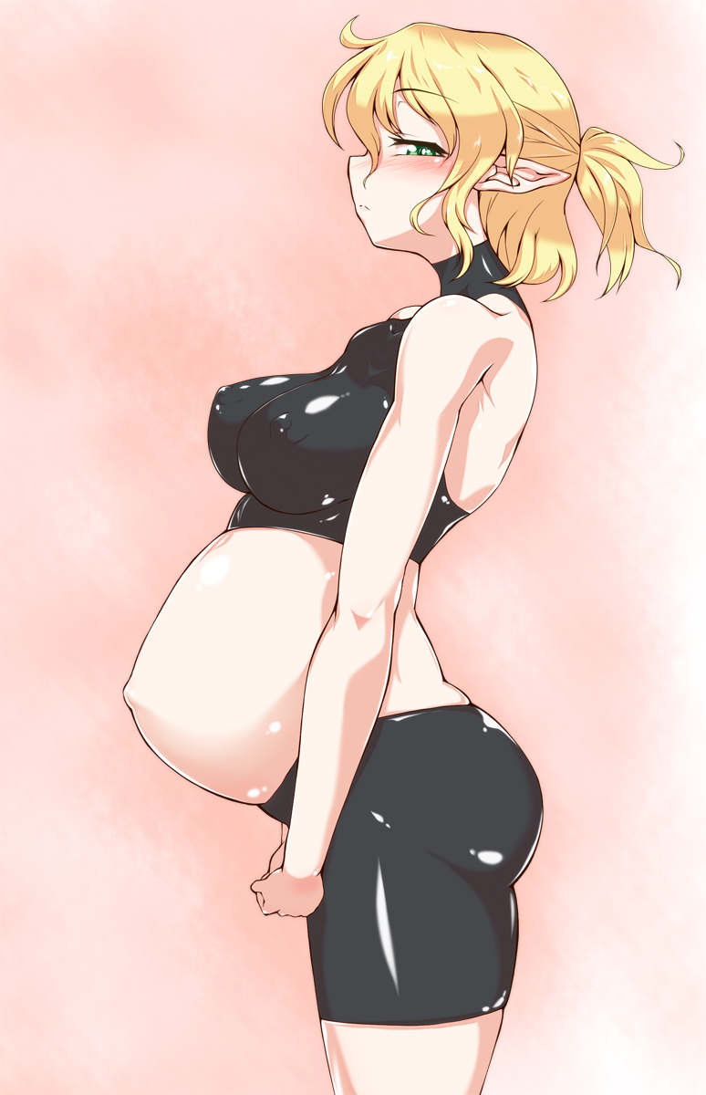 1girls, big belly, blonde hair, blush, elf ears, female, female only, green eyes, mizuhashi parsee, navel, outie navel, pandain, popped navel, pregnant, solo, solo female, touhou