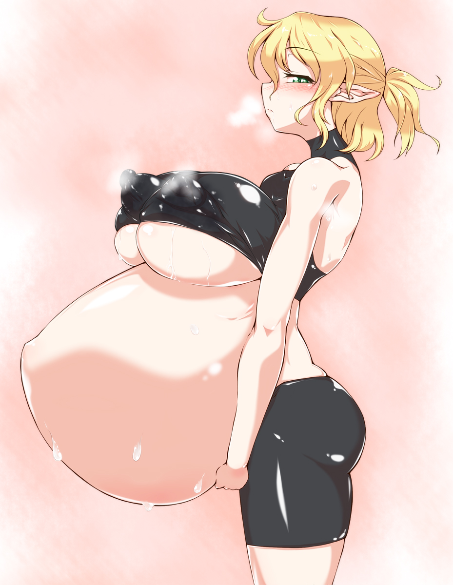 1girls blonde_hair blush breasts breasts_bigger_than_head elf_ears female female_only green_eyes hyper hyper_belly hyper_breasts hyper_pregnancy mizuhashi_parsee pandain pregnant solo solo_female touhou