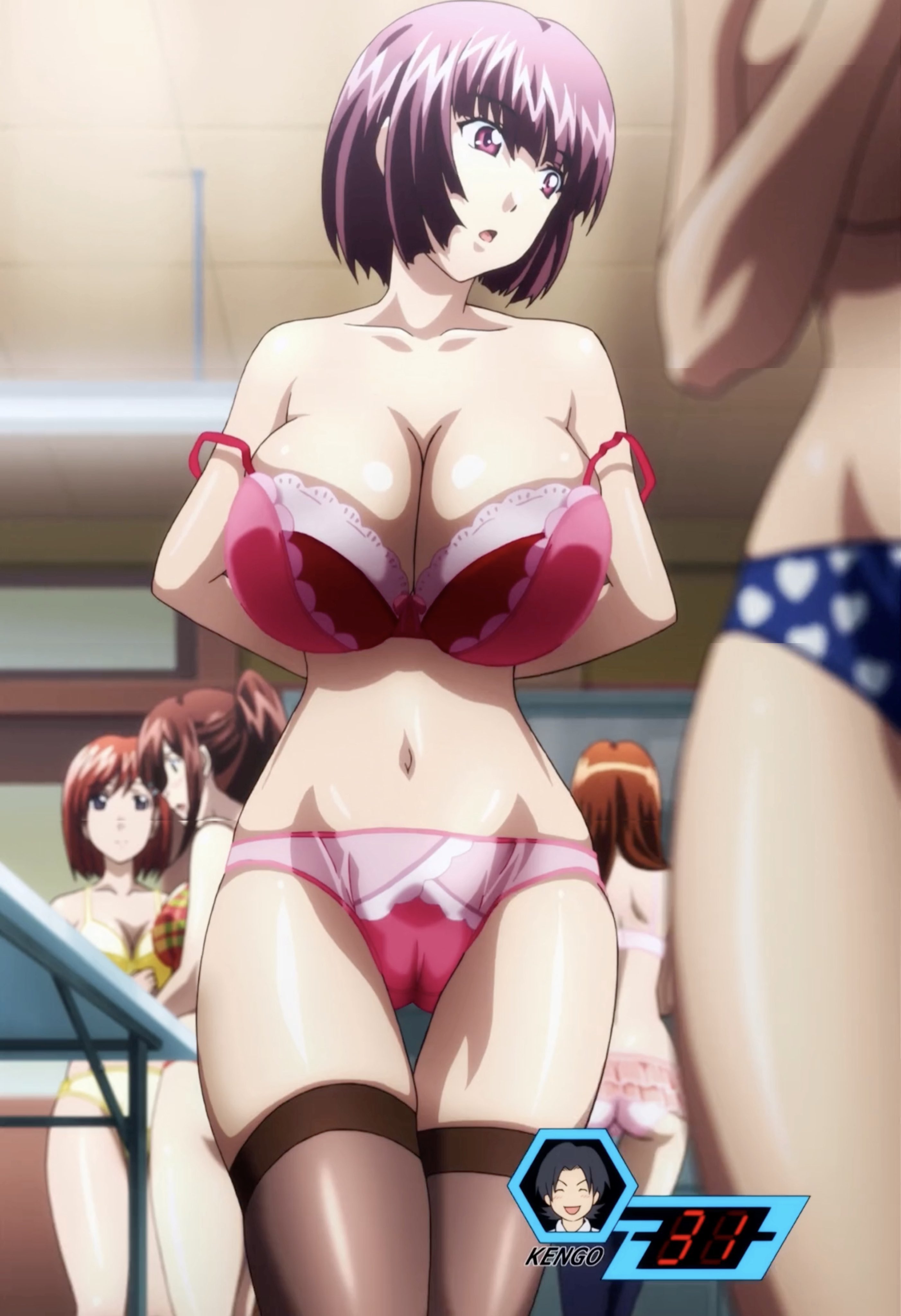 5girls, absurdres, ass, back, background characters, bare shoulders, blue panties, bra, breasts, brown hair, cameltoe, cleavage, collarbone, female, highres, huge breasts, maken-ki!, medium hair, multiple females, multiple girls, navel, off shoulder, off-shoulder bra, open mouth, panties, ponytail, pussy, red bra, red panties, screencap, short hair, sidelocks, stitched, stomach, thighhighs, thighs, third-party edit, underwear, white panties