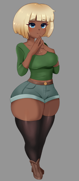 big_ass blonde_hair blue_eyes commission dark-skinned_female female fuamyero green_shirt hourglass_figure medium_breasts shorts smile tagme tight_clothing tight_shorts tight_socks yellow_hair