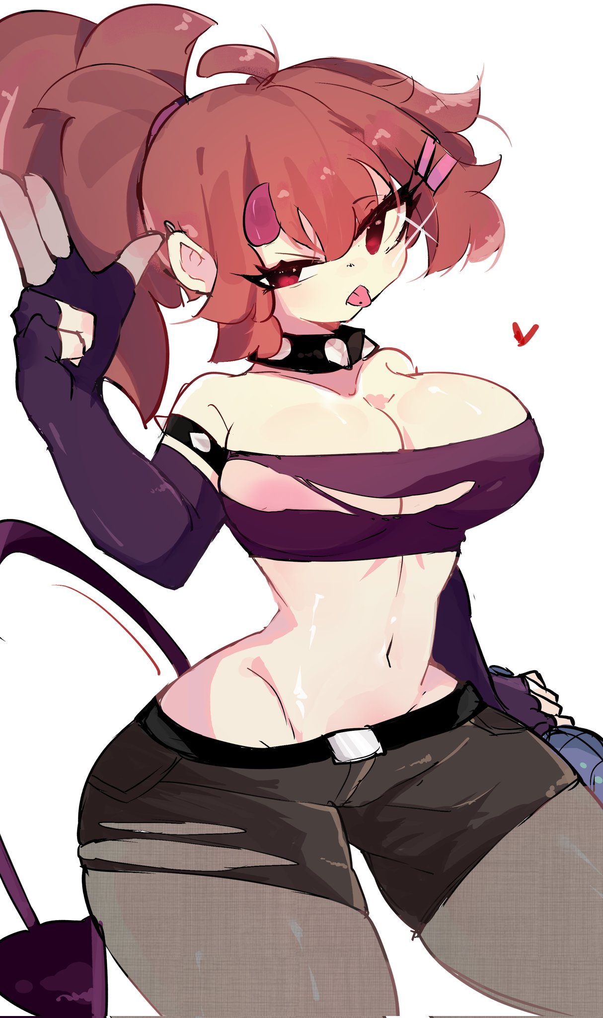 1girls, areola, areola slip, big breasts, breasts, devil horns, devil tail, female, female focus, female only, friday night funkin, girlfriend (friday night funkin), goth, goth girl, heart, horn, horns, hoshoidk, looking at viewer, nipple bulge, nipples, simple background, tagme, tail, thick, thick legs, thick thighs, thighs, tongue, tongue out, white background