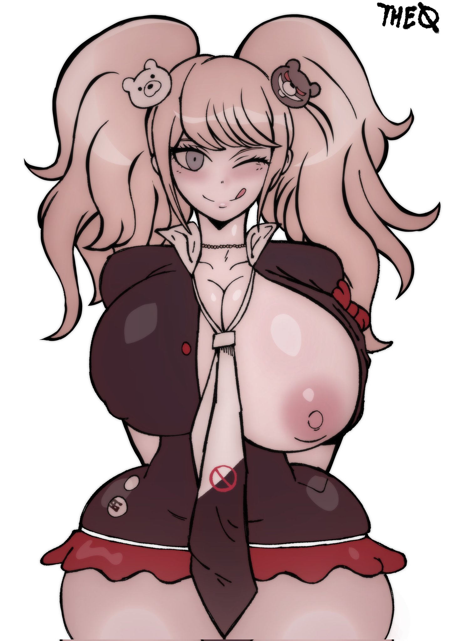 1girls, 2023, big breasts, big thighs, blonde hair, breasts, danganronpa, erect nipples, erect nipples under clothes, female, female only, grey eyes, huge breasts, huge thighs, junko enoshima, large breasts, long hair, necklace, nipples, one breast out, one eye closed, spike chunsoft, theodyss, thighs, tie, twin braids, twintails, yellow hair