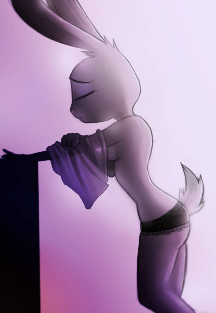 background bare_breasts black_panties breasts bright_light bunny closed_eyes eye_shadow from_side grey_body grey_fur judy_hopps large_ears lingerie lingerie_only mostly_naked mostly_nude mostly_nude_female multicolored_background nipples_visible_through_clothing panties panties_only partially_nude partially_nude_female pink_background purple_background rabbit tail taking_off_shirt thick_legs thick_thighs thin thin_arms thin_female thin_waist topless topless_female underwear underwear_only white_background zootopia