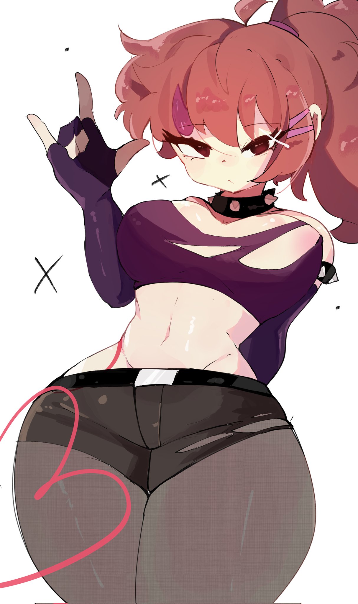 1girls, areola, areola slip, big breasts, breasts, devil horns, female, female focus, female only, friday night funkin, girlfriend (friday night funkin), goth, goth girl, heart, horn, horns, hoshoidk, looking at viewer, nipple bulge, nipples, simple background, tagme, thick, thick legs, thick thighs, thighs, white background
