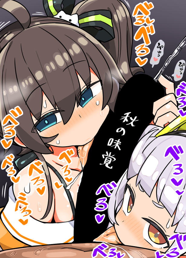 2girls black_ribbon blue_eyes blush brown_hair commentary_request cum ejaculation fellatio female ffm_threesome group_sex hair_between_eyes hair_ribbon hololive hololive_gen_1 hololive_gen_2 hololive_japan kanikama licking licking_penis looking_at_viewer multiple_girls murasaki_shion natsuiro_matsuri natsuiro_matsuri_(1st_costume) oral penis penis_awe ribbon side_ponytail threesome tongue tongue_out translation_request virtual_youtuber yellow_eyes