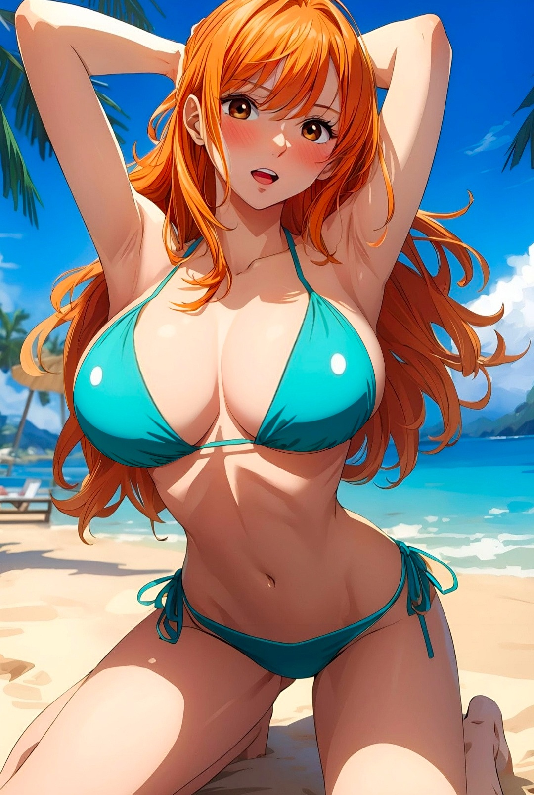 1girls, ai generated, armpits, arms behind head, arms up, bangs, bare shoulders, barefoot, beach, big breasts, bikini, blurry background, blush, breasts, cleavage, clothing, cloud, collarbone, elsadfn, eyelashes, female, female focus, female only, hands behind head, highres, hips, human, large breasts, long hair, looking at viewer, nami (one piece), navel, ocean, on knees, one piece, open mouth, orange eyes, orange hair, outside, palm tree, pinup, plant, pose, post-timeskip, revealing clothes, sand, shiny skin, side-tie bikini, sideboob, skimpy, solo, solo female, stable diffusion, swimsuit, teeth, thighs, tongue, tree, voluptuous, water