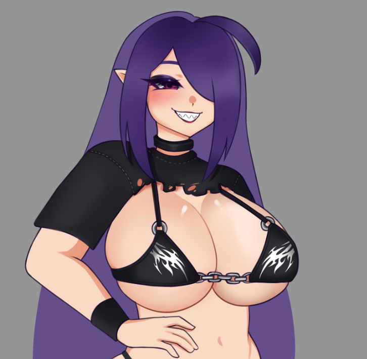 big_breasts bikini blush breasts demon_girl fuamyero goth hanano_(oc) purple_hair seductive_smile shark_teeth