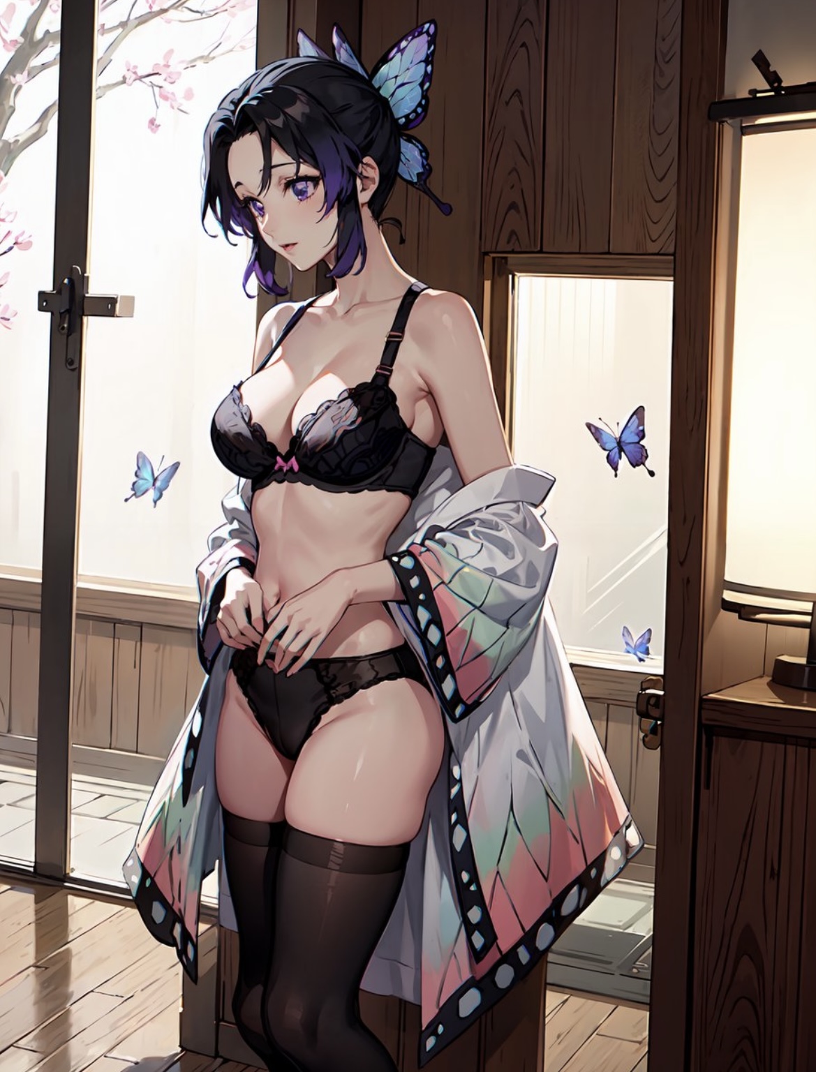 ai generated, big breasts, bra, breasts, demon slayer, female, kimetsu no yaiba, kochou shinobu, lingerie, mommy, panties, purple eyes, purple hair, thick thighs, thighhighs, thighs