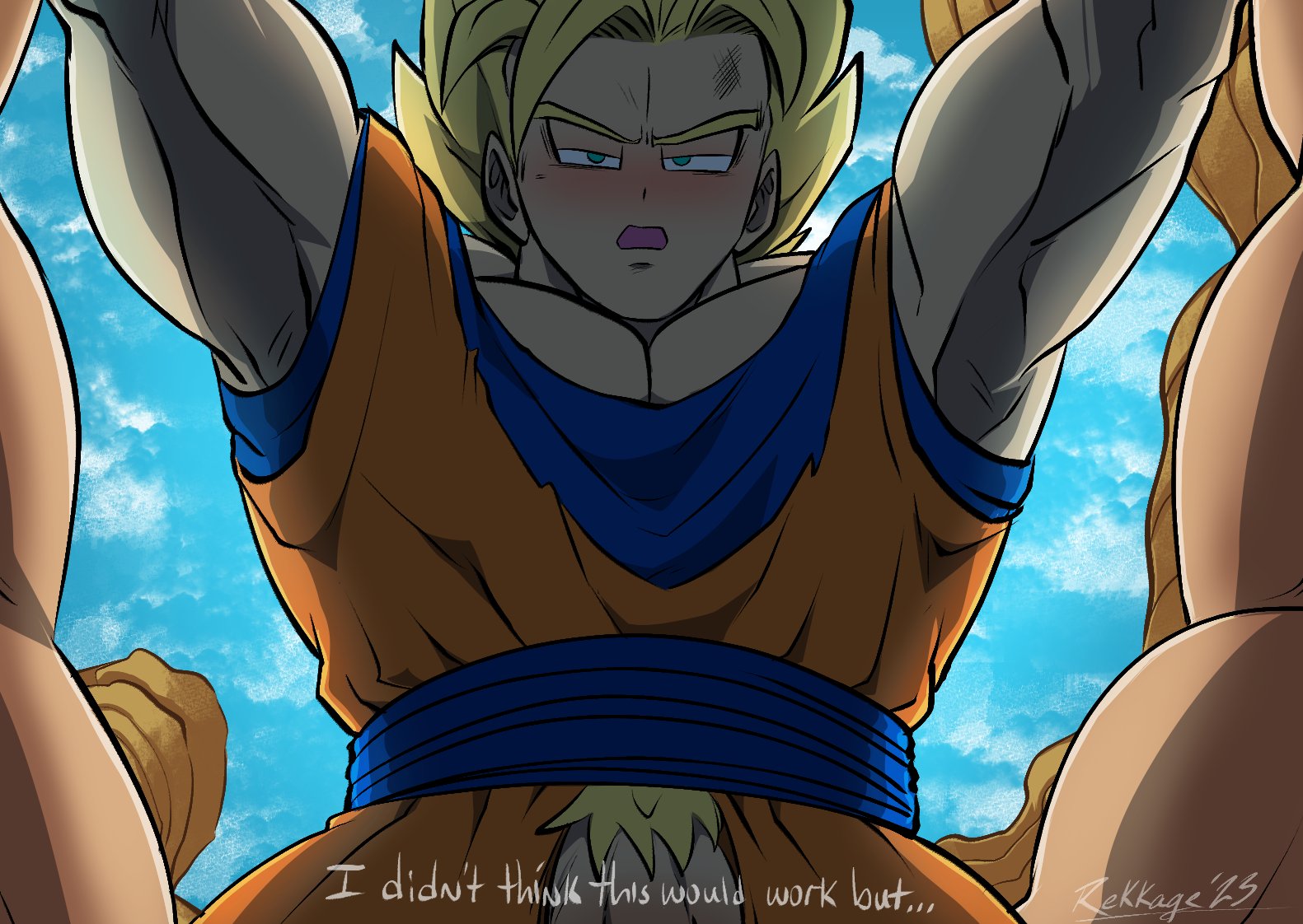 2boys, balls, bara, blonde hair, blowjob, blush, boner, clothing, deepthroat, dominant male, dragon ball, dragon ball z, dubious consent, erection, face fucking, forced, forced oral, gay, male, male only, muscular, muscular male, oral, penis, pinned, pleasure face, pubic hair, punishment, questionable consent, rapist pov, rekkage, saiyan, secretly loves it, solo focus, son goku, super saiyan, taker pov, text, vegeta, yaoi, yellow hair