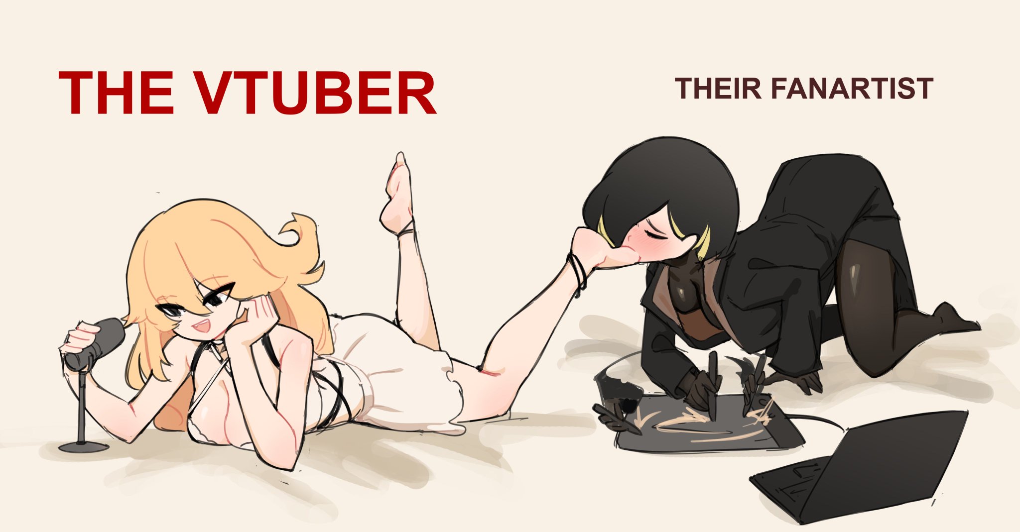 2girls, accessory, anklet, black hair, blonde hair, blush, centurii-chan, cleavage, drawing pen, drawing tablet, feet, feet fetish, feet in mouth, female, kamura (rain prophet), kaneko lumi, laptop, meme, microphone, phase connect, phase invaders, simple background, soles, sucking feet, toe sucking, virtual youtuber, vtuber, vtuberfanart