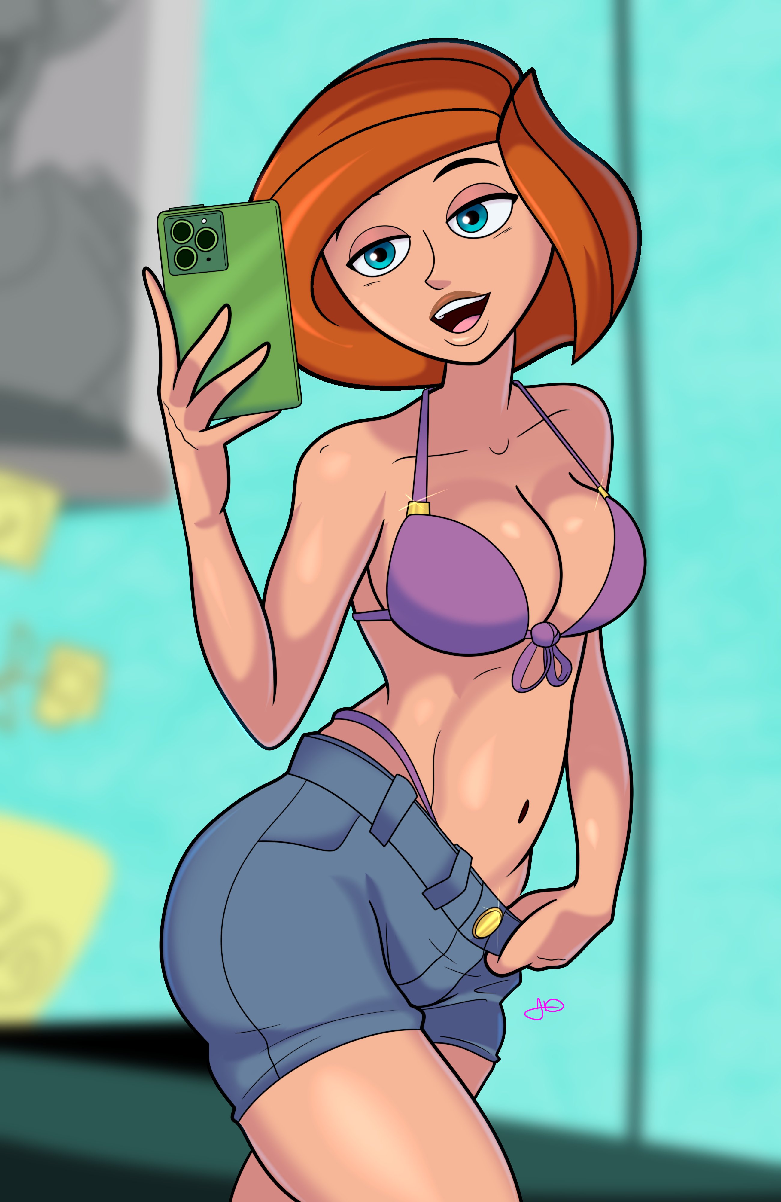 1girls, ann possible, big breasts, blue eyes, blue shorts, bottomwear, breasts, brown hair, female, female only, hair, hips, holding object, holding phone, jumpdriiver, kim possible, mature, mature female, mature woman, milf, mother, panties, phone, purple bra, purple panties, selfie, short shorts, shorts, smile, solo, solo female, thighs, topwear, underwear