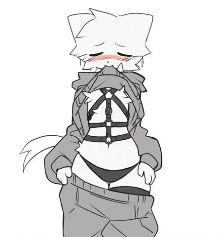 1boy, animated, animated gif, anthro, anthro only, bdsm gear, black and white, black legwear, black panties, black thighhighs, black underwear, blush, blush lines, blushing at viewer, boykisser, boykisser (meme), ear, embarrassed, embarrassed expression, fur, furry, furry male, furry only, gay, gif, hips, legwear, male only, panties, pulling clothing, pulling shirt up, silly cat (mauzymice), stomach, straps, sufness, tail, thighhighs, thighs, underwear, visible underwear, white body, white fur, white hair, wide hips, wide thighs