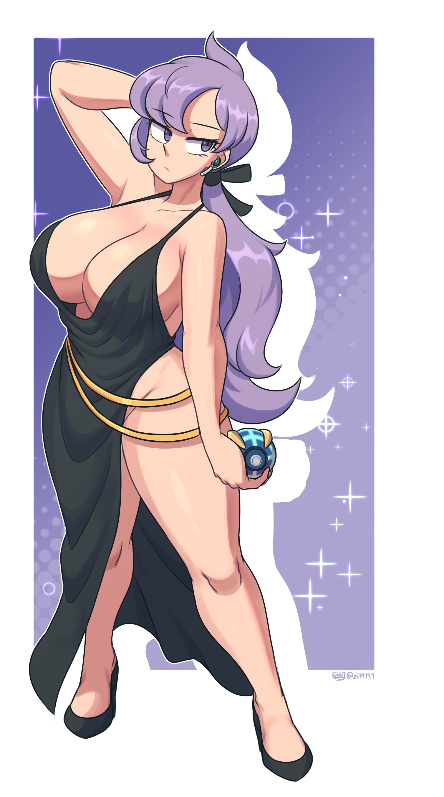 absurdres, anabel (pokemon), arm behind head, armpit, bare shoulders, beast ball, breasts, cleavage, commission, curvy, dress, earpiece, female, female focus, full body, gloves, high heels, highres, huge breasts, littlej (zi19191), long hair, looking to the side, matching hair/eyes, nintendo, no bra, pokemon, pokemon sm, purple eyes, purple hair, solo, thick thighs, thighs, wide hips