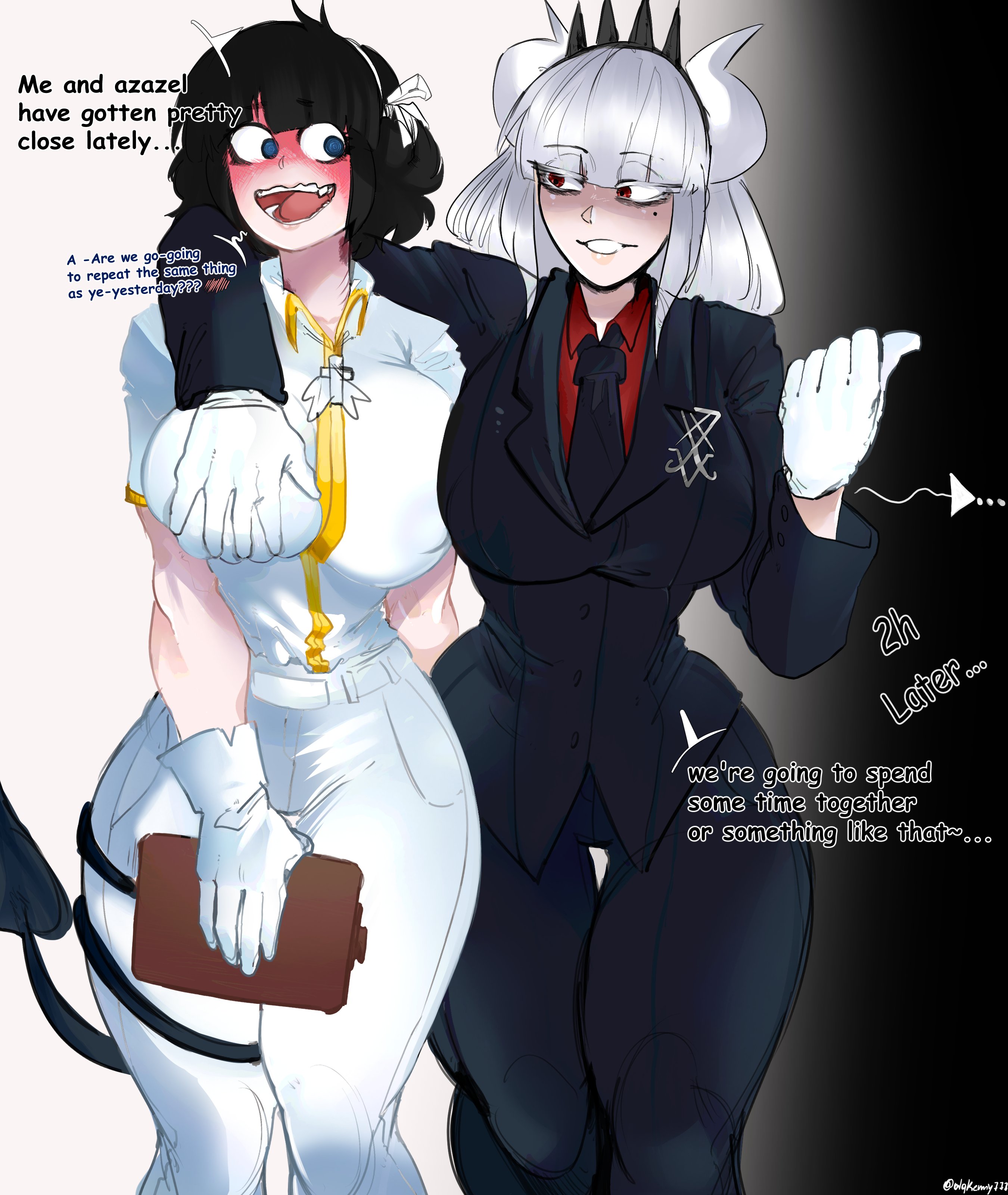 1futa, 1girls, alqkemy777, angel girl, azazel (helltaker), black hair, blue eyes, breasts, demon girl, female, futa on female, futanari, helltaker, huge breasts, lucifer (helltaker), red eyes, tagme, white hair