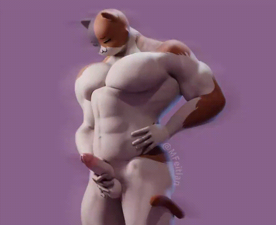 abs, animated, fortnite, fortnite: battle royale, jerking, jerkingoff, male only, meowscles (fortnite), moze feitian, muscular, non-human, non-human only, pecs, purple background, simple background, small penis, tail, toony face