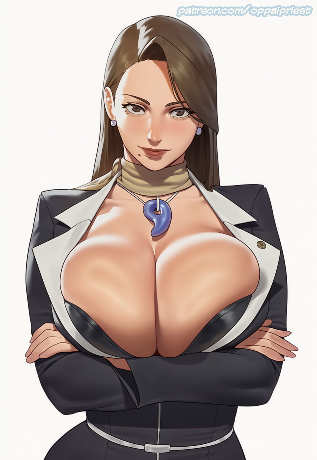 ai generated, beauty mark, big breasts, breast focus, breasts, brown eyes, brown hair, cleavage, clothed, clothed female, female, female focus, female only, gyakuten saiban, huge breasts, lips, mature, mature female, mia fey, necklace, necklace between breasts, oppaipriest, scarf, solo, solo female, solo focus, suit, tight clothing, upper body, voluptuous, voluptuous female