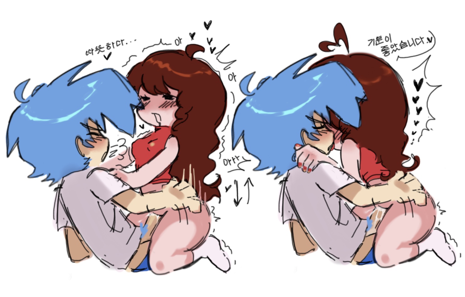 1boy, 1girls, auburn hair, blue hair, blush, boyfriend (friday night funkin), canon couple, cloudpiss, colored nails, cowgirl position, female on top, french kiss, friday night funkin, girlfriend (friday night funkin), holding partner, kissing, painted nails, red nails, small breasts, tagme, thick thighs, wholesome, wholesome sex