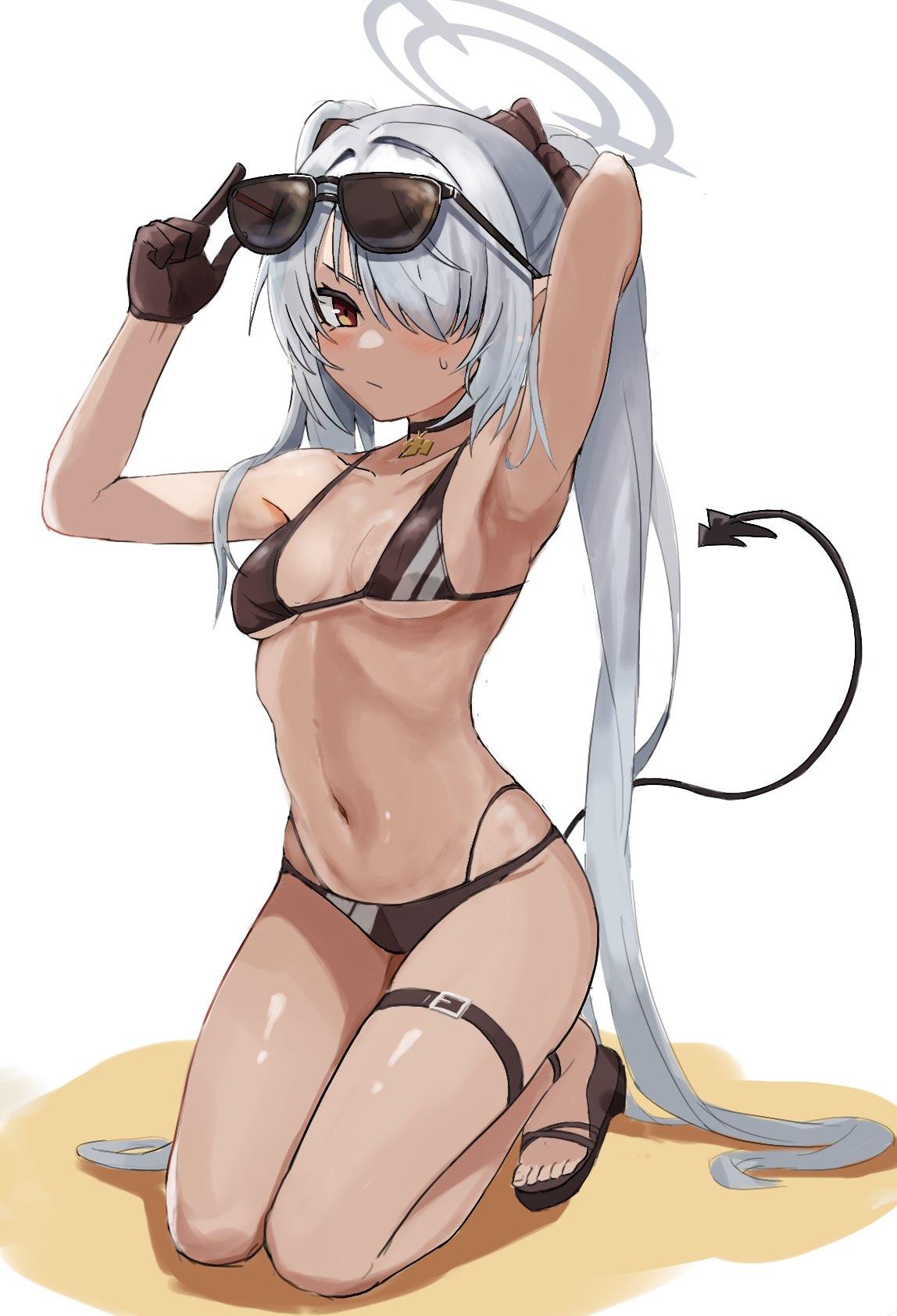 1girls, 2d, 2d (artwork), 2d artwork, absurdly long hair, arm behind head, armpit, armpit crease, armpit peek, armpits, bare armpits, bare arms, bare belly, bare calves, bare chest, bare hands, bare hips, bare knees, bare legs, bare midriff, bare navel, bare shoulders, bare skin, bare thighs, belly, belly button, bikini, bikini bottom, bikini only, bikini top, black bikini, black bikini bottom, black bikini top, black choker, black footwear, black gloves, black hair ribbon, black hair tie, black ribbon, black sandals, black swimsuit, black swimwear, blue archive, breasts, brown hair, brown skin, brown skinned female, brown-haired female, brown-skinned female, calves, chan ye2, choker, collarbone, curtained hair, digital, digital art, digital drawing, digital drawing (artwork), digital media, digital media (artwork), elbows, exposed armpits, exposed arms, exposed belly, exposed chest, exposed hips, exposed legs, exposed midriff, exposed navel, exposed shoulders, exposed skin, exposed thighs, eyebrows hidden by hair, feet, female, female focus, female only, fingers, footwear, frown, frown eyebrows, frowning, frowning at viewer, full body, gloves, grey hair, grey halo, grey-haired female, groin, hair covering eye, hair over eye, hair over one eye, hair ribbon, hair tie, hairless armpits, half naked, half nude, halo, halterneck, hand behind head, high resolution, highres, inframammary fold, iori (blue archive), iori (swimsuit) (blue archive), knees, lean figure, legs, legs closed, legs folded, legs together, linea alba, long hair, looking at viewer, midriff, naked, naked female, naked woman, narrow waist, navel, nude, nude female, nudity, parted bangs, petite, petite body, petite breasts, petite female, petite girl, petite tits, presenting armpit, ribbon, sandals, seiza, semi nude, shaved armpits, shoulders, simple background, sitting, sitting on knees, slender body, slender waist, slim waist, small breast, small breasts, solo, stomach, string bikini, sunglasses, sunglasses on forehead, sunglasses on head, swimsuit, swimwear, thighband, thighs, thighs together, tiny breasts, toes, very long hair, very long hair female, white background