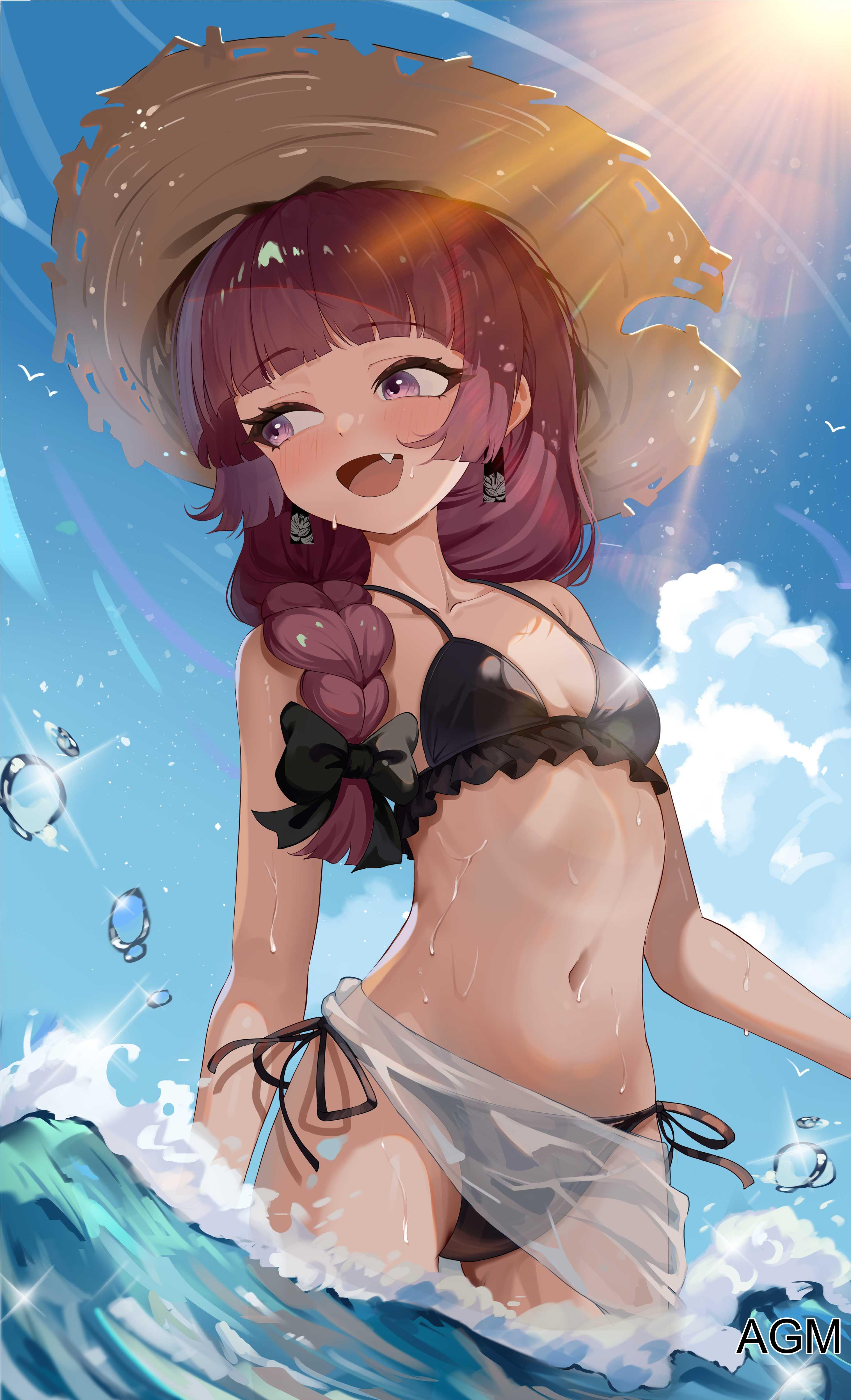 1girls, 2d, 2d (artwork), 2d artwork, adult, adult female, agm, beach hat, belly, belly button, bikini, bikini bottom, bikini only, bikini top, black bikini, black bikini bottom, black bikini top, black hair ribbon, black hair tie, black ribbon, black swimsuit, black swimwear, blue sky, bocchi the rock!, braid, braided hair, braided ponytail, braids, breasts, clouds, collarbone, day, daylight, daytime, digital, digital art, digital drawing, digital drawing (artwork), digital media, digital media (artwork), dripping wet, earrings, eyebrows visible through hair, female, female focus, female only, female torso, frilled bikini, frilled bikini top, frilled swimsuit, frilled swimwear, groin, hair ribbon, hair tie, half submerged, halterneck, head tilt, high resolution, highres, hiroi kikuri, inframammary fold, inguinal crease, inguinal ligament, lean figure, long hair, looking down, looking down at viewer, mature, mature female, midriff, narrow waist, navel, ocean, open mouth, open mouth smile, outdoor, outdoor nudity, outdoors, outside, parted lips, partially submerged, partially submerged legs, petite, petite body, petite breasts, petite female, petite girl, petite tits, ponytail, purple eyes, purple hair, purple-eyed female, purple-haired female, ribbon, sea, seaside, sharp teeth, shoulders, side-tie bikini, simple background, single braid, sky, slender body, slender waist, slim waist, small breast, small breasts, smile, smiley face, smiling, soaked, solo, standing, string bikini, submerged feet, submerged legs, sunlight, swimsuit, swimwear, thigh gap, thighs, tilted head, tiny breasts, tongue, upper body, veil, water, wet, wet belly, wet bikini, wet body, wet face, wet hair, wet legs, wet skin, wet swimsuit, wet thighs, wide hips