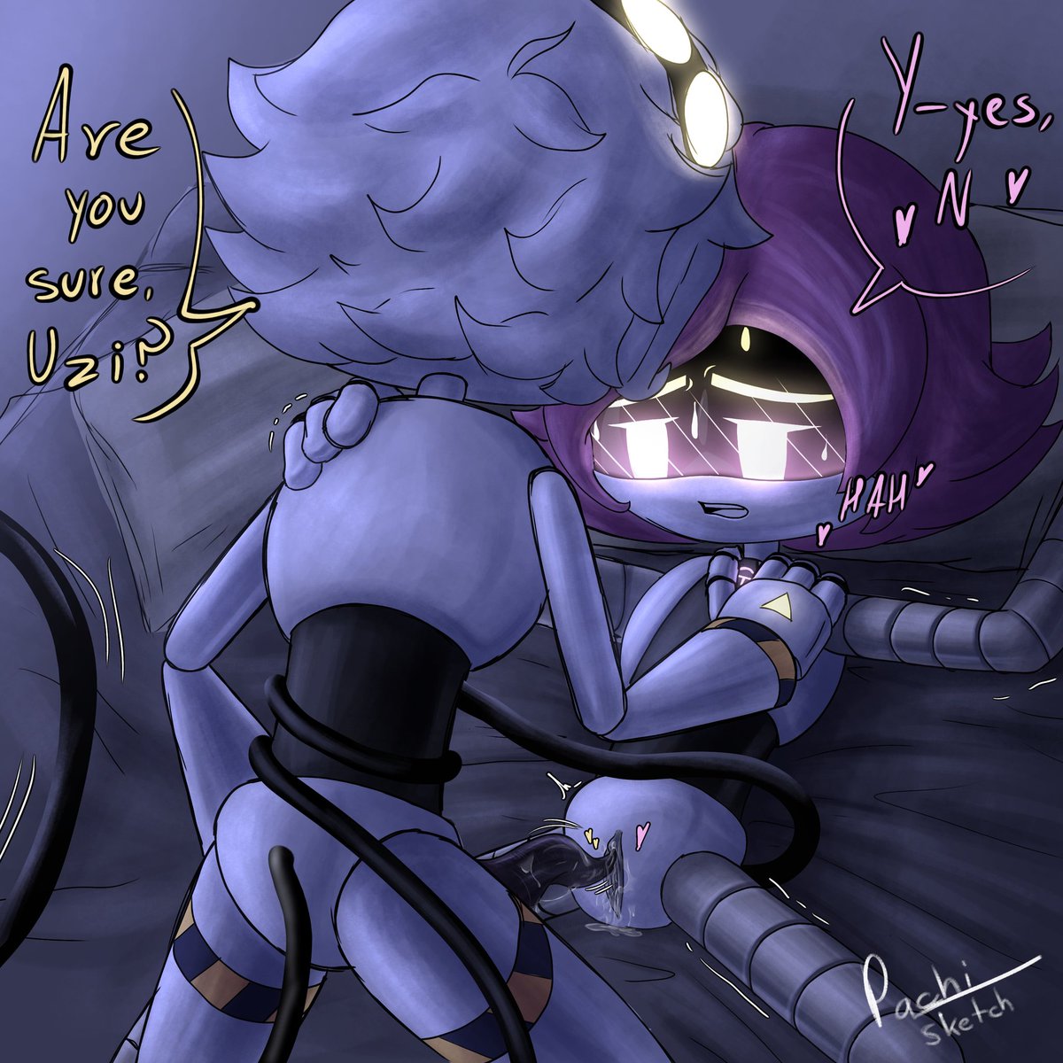 1boy, 1girls, anal sex, female, female penetrated, grey, grey hair, male, male penetrating, male penetrating female, male/female, murder drones, n (murder drones), pachinsfw, penis, penis in pussy, purple eyes, purple hair, pussy, sex, tentacle penis, uzi (murder drones), vaginal, vaginal insertion, vaginal penetration, vaginal sex