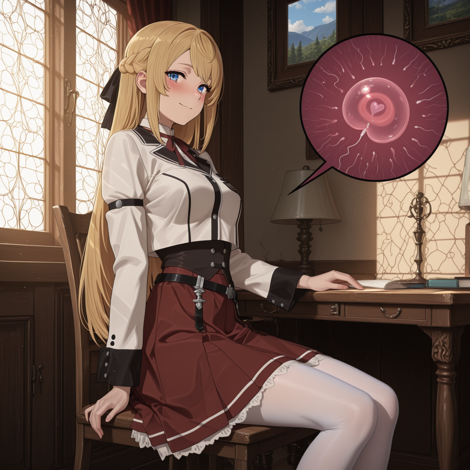 1boy, ai generated, ariel anemoi asura, blonde hair, blue eyes, blush, cheating, couple, female, fertilization, french braid, gabrail, hair ribbon, happy, heart, impregnation, long hair, looking at viewer, lovers, low ponytail, mushoku tensei, mushoku tensei: isekai ittara honki dasu, pov, rudeus greyrat, school uniform, short hair, smile, sperm cell, tagme, teenager, thighhighs, white thighhighs