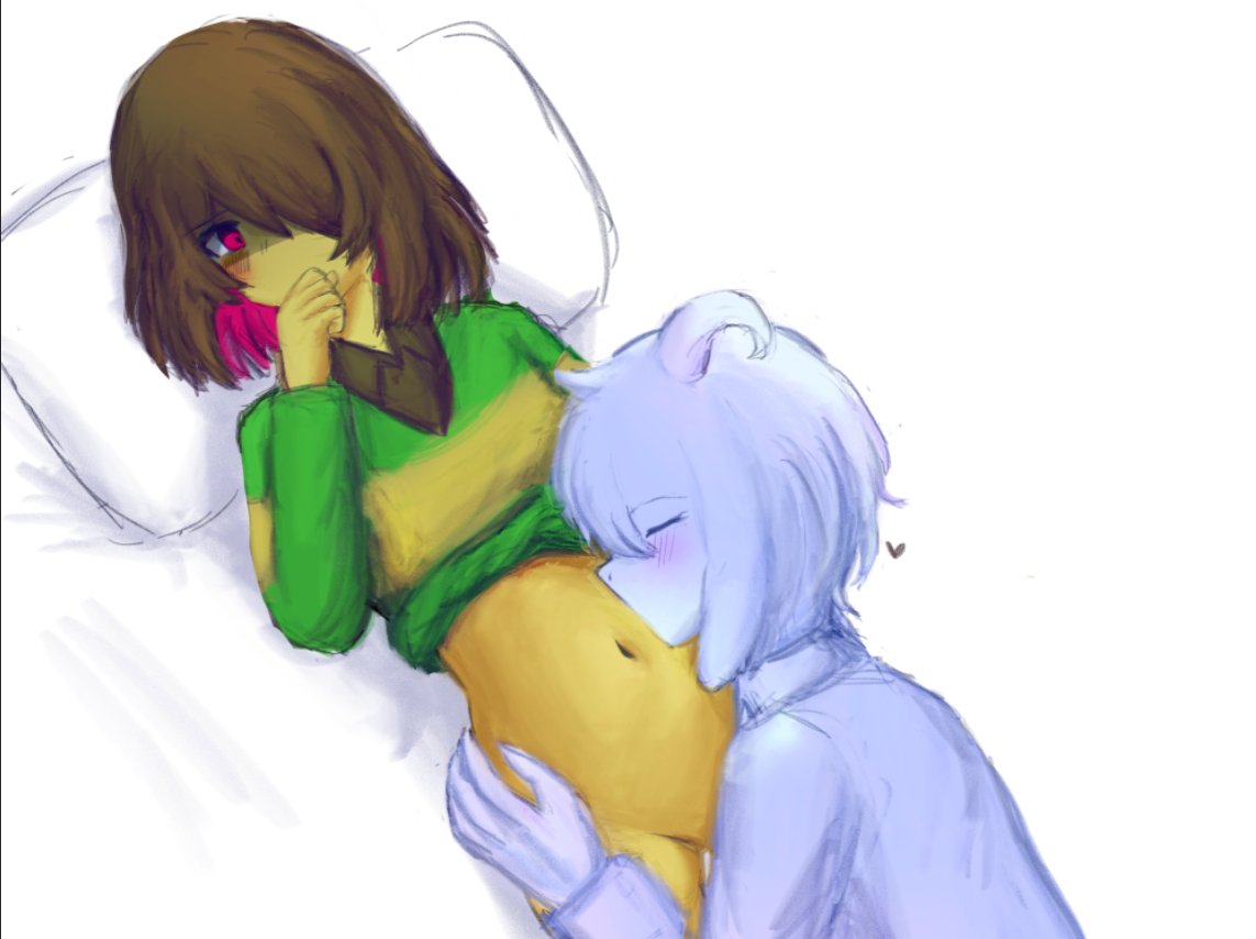 artist request, asriel dreemurr, bottomless, brother and sister, deltarune, female torso, incest, kissing, kris (deltarune), kris female (deltarune), midriff, partially clothed female, renaiheiki, tummy grab