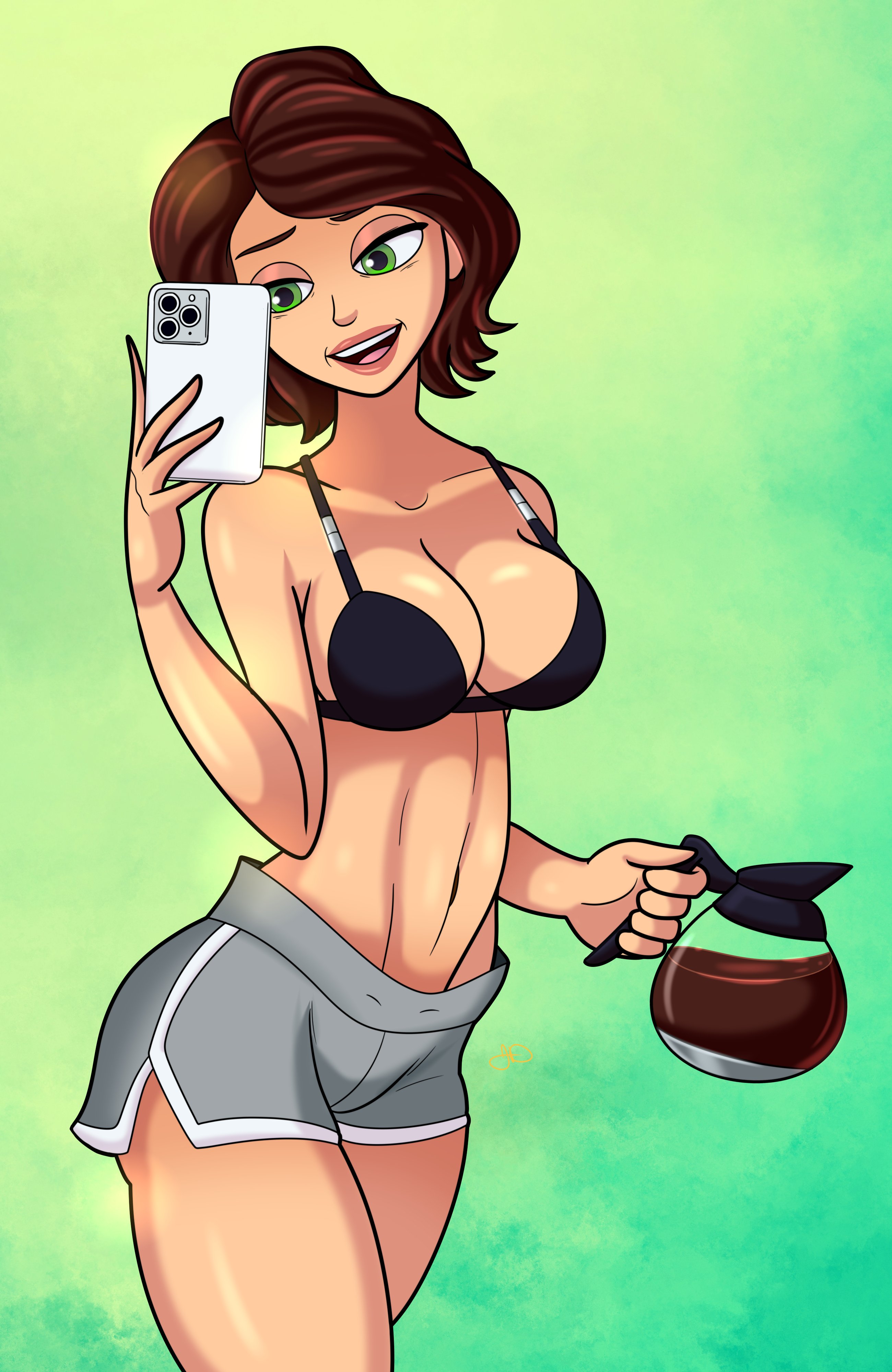 1girls, big breasts, big hero 6, black bra, bottomwear, bra, breasts, brown hair, cass hamada, cleavage, coffee, female, female only, green eyes, hair, holding object, holding phone, jumpdriiver, marvel, mature, mature female, mature woman, milf, phone, selfie, short shorts, shorts, smile, solo, solo female, thighs, topwear, white shorts