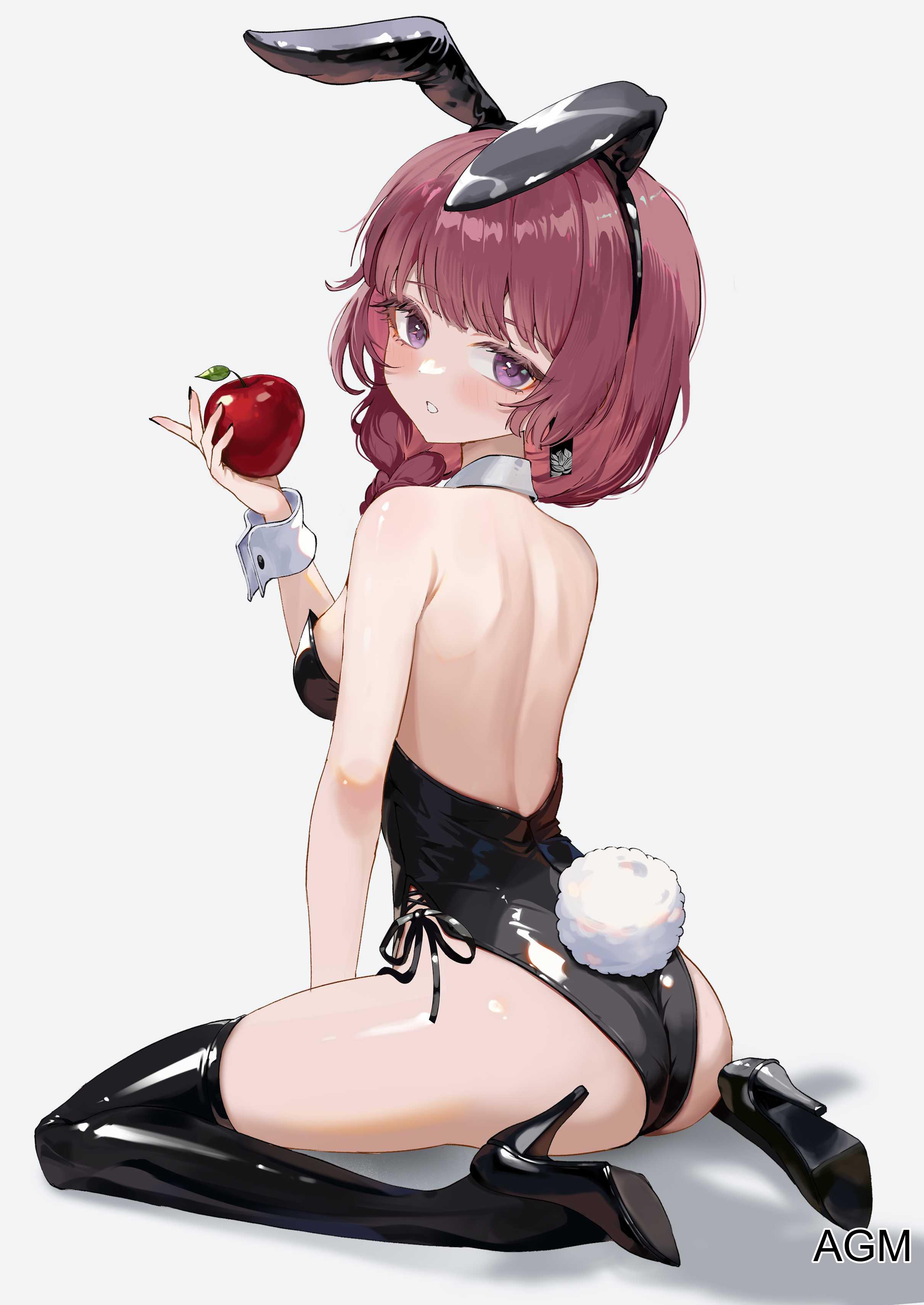 1girls, 2d, 2d (artwork), 2d artwork, adult, adult female, agm, apple, ass, ass cleavage, ass crack, back, black bunny ears, black bunnysuit, black fingernails, black footwear, black hairband, black high heels, black legwear, black leotard, black nail polish, black nails, black shoes, black stockings, black thigh highs, black thighhighs, black topwear, bocchi the rock!, braid, braided hair, braided ponytail, braids, breasts, bunny ears, bunny tail, bunnygirl, bunnygirl outfit, bunnysuit, calves, collar, digital, digital art, digital drawing, digital drawing (artwork), digital media, digital media (artwork), earrings, elbows, eyebrows visible through hair, female, female focus, female only, fingernails, fingers, footwear, full body, groin, head tilt, high heels, high resolution, highres, hiroi kikuri, knees, latex, latex legwear, latex leotard, latex stockings, latex thighhighs, lean figure, legs, legs folded, legwear, leotard, long hair, looking at viewer, looking back, looking back at viewer, mature, mature female, median furrow, medium breasts, nail polish, nails, narrow waist, ponytail, purple eyes, purple hair, purple-eyed female, purple-haired female, seiza, sharp teeth, shoes, shoulder blades, shoulders, sideboob, simple background, single braid, sitting, sitting on floor, sitting on ground, sitting on knees, slender body, slender waist, slim waist, solo, stockings, thick ass, thick butt, thigh highs, thighhighs, thighs, tilted head, topwear, wariza, white background, white collar, white wrist cuffs, wrist cuffs
