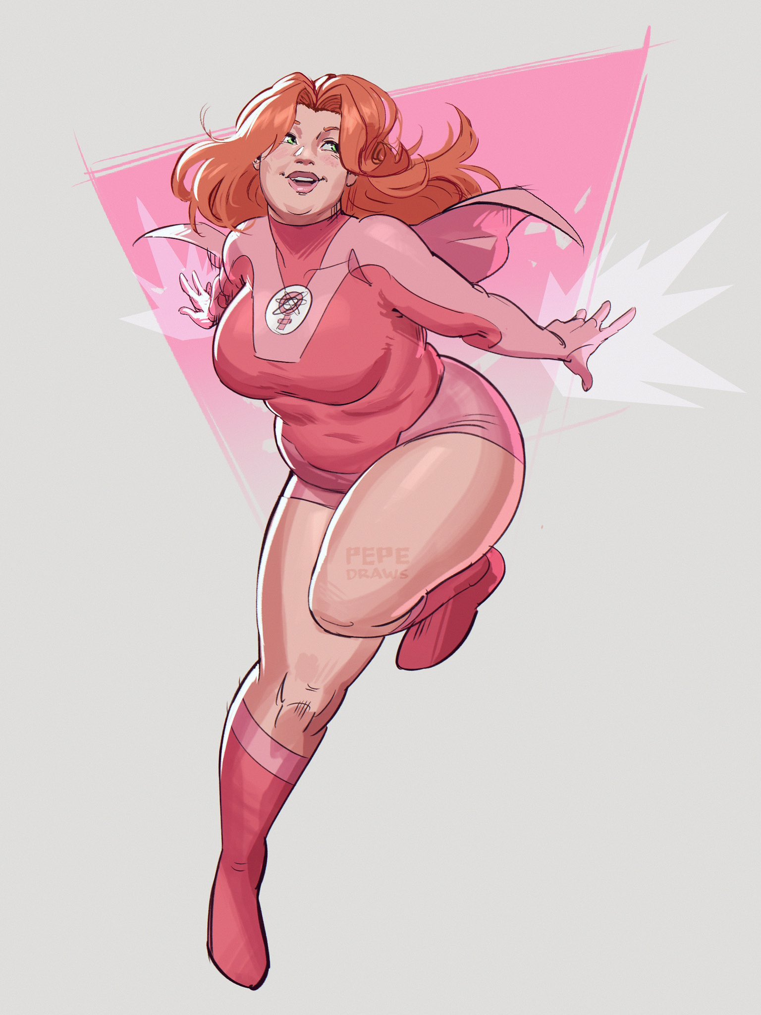 2d, atom eve, bare legs, bare thighs, bbw, belly, big ass, big breasts, boots, breasts, busty, busty female, cape, chubby, chubby female, curvaceous, curvy, curvy figure, cute, fat, fat female, female, female only, flying, ginger, ginger female, ginger hair, green eyes, happy, happy female, heavy, hips, huge ass, huge breasts, huge thighs, invincible, large ass, large breasts, orange hair, pepedraws, pink boots, samantha eve wilkins, sfw, smile, solo, solo female, superheroine, superheroine costume, thick, thick legs, thick thighs, thighs, tight clothing, voluptuous, voluptuous female, wide hips