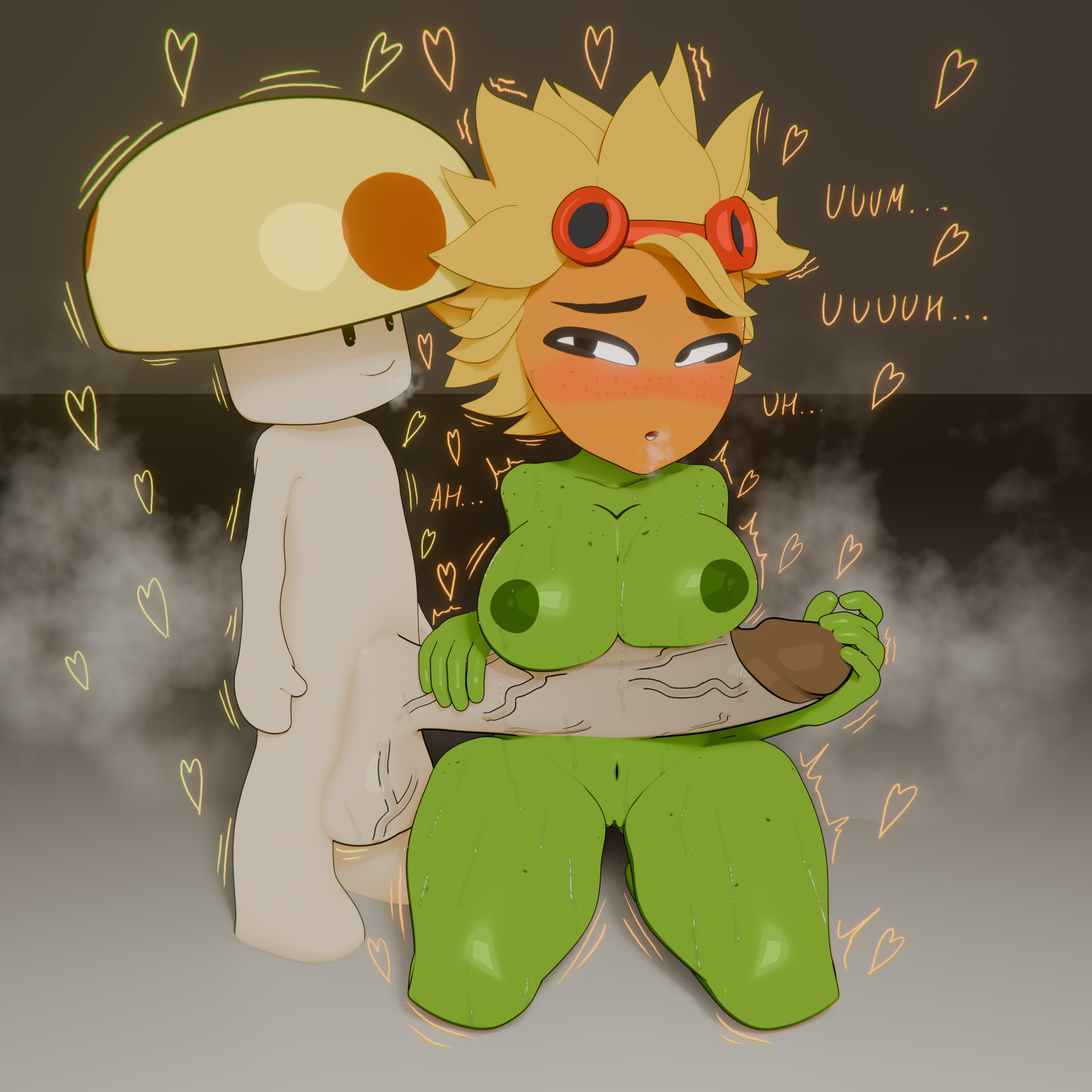 comic, electronic arts, goggles, goggles on head, green body, green skin, non-human, plant girl, plantie, plants vs zombies, plants vs zombies: heroes, popcap, popcap games, shadow2405, shorter male, solar flare (pvz), sun-shroom (pvz), sunflower, text