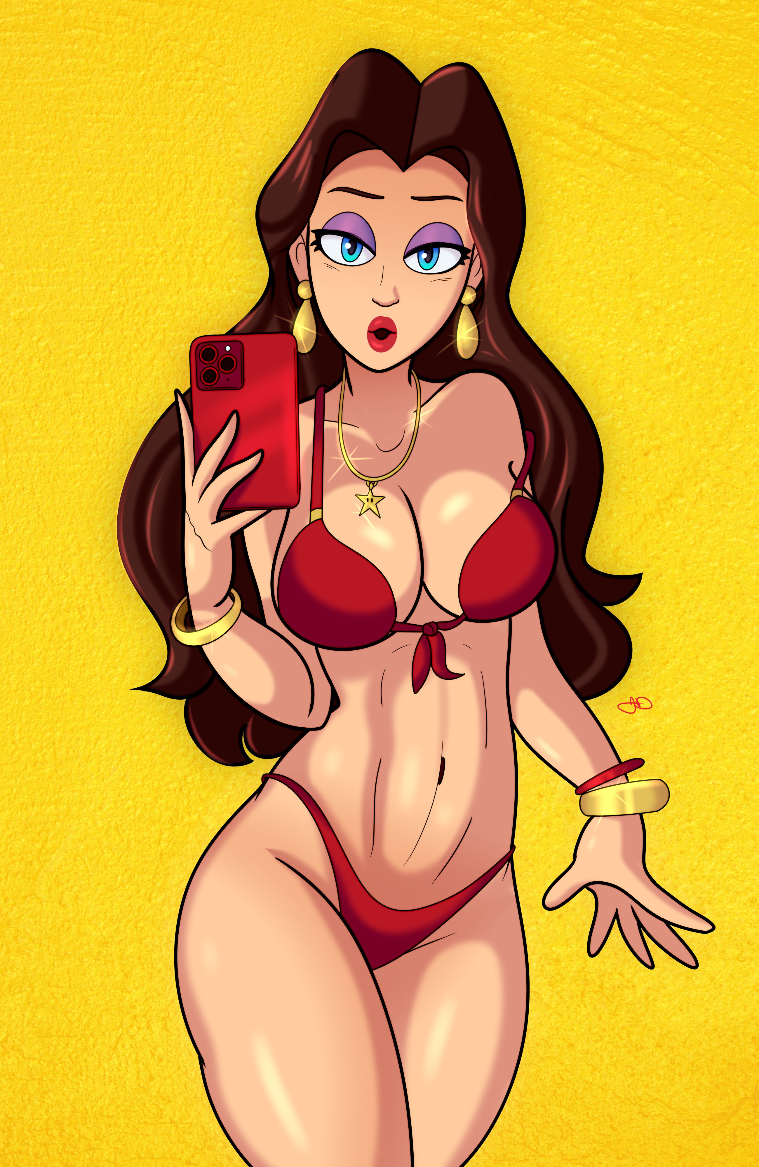 1girls, armwear, big breasts, blue eyes, bottomwear, bra, bracelet, breasts, brown hair, cleavage, ear piercing, earrings, eyeshadow, female, female only, hair, half-closed eyes, holding object, holding phone, jumpdriiver, lips, lipstick, long hair, mario (series), necklace, neckwear, nintendo, panties, parted lips, pauline, phone, purple eyeshadow, red bra, red lips, red lipstick, red panties, selfie, solo, solo female, thick lips, thighs, topwear, yellow background
