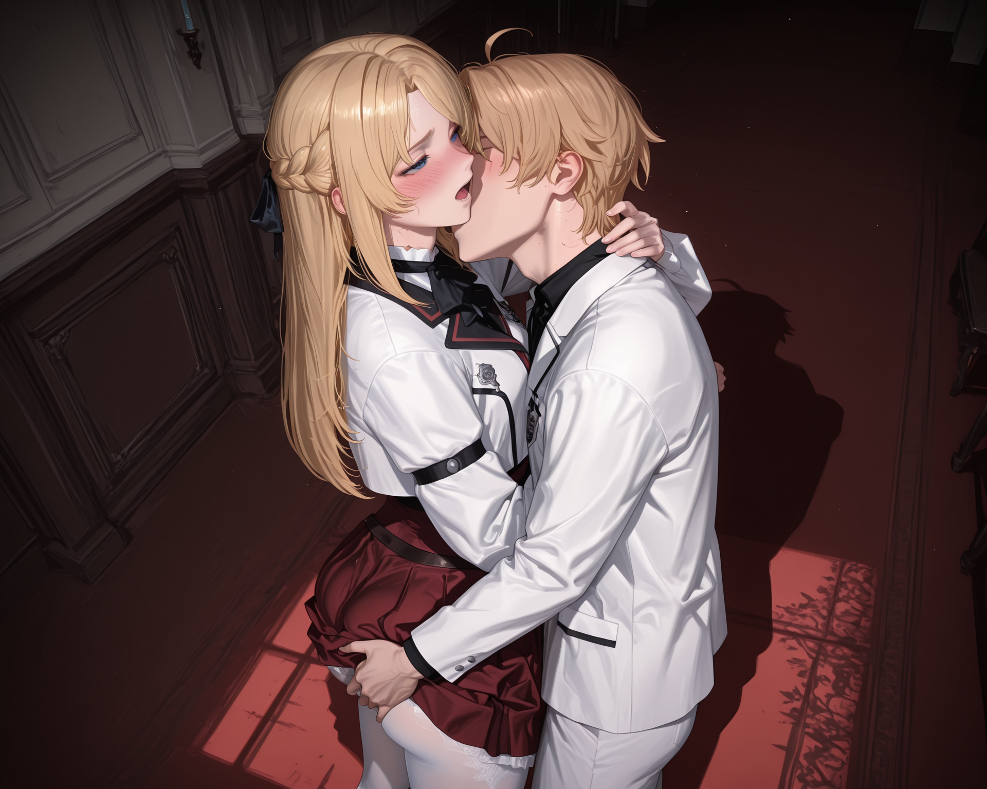 1boy, ai generated, ariel anemoi asura, ass, blonde hair, blue eyes, blush, brown hair, cheating, couple, female, french braid, gabrail, green eyes, hair ribbon, hand on ass, hug, kissing, kissing neck, lifting skirt, long hair, lovers, moaning, mushoku tensei, mushoku tensei: isekai ittara honki dasu, neck kiss, pantyhose, rudeus greyrat, school uniform, short hair, skirt, standing, tagme, teenager, teenager on teenager, white legwear, white pantyhose