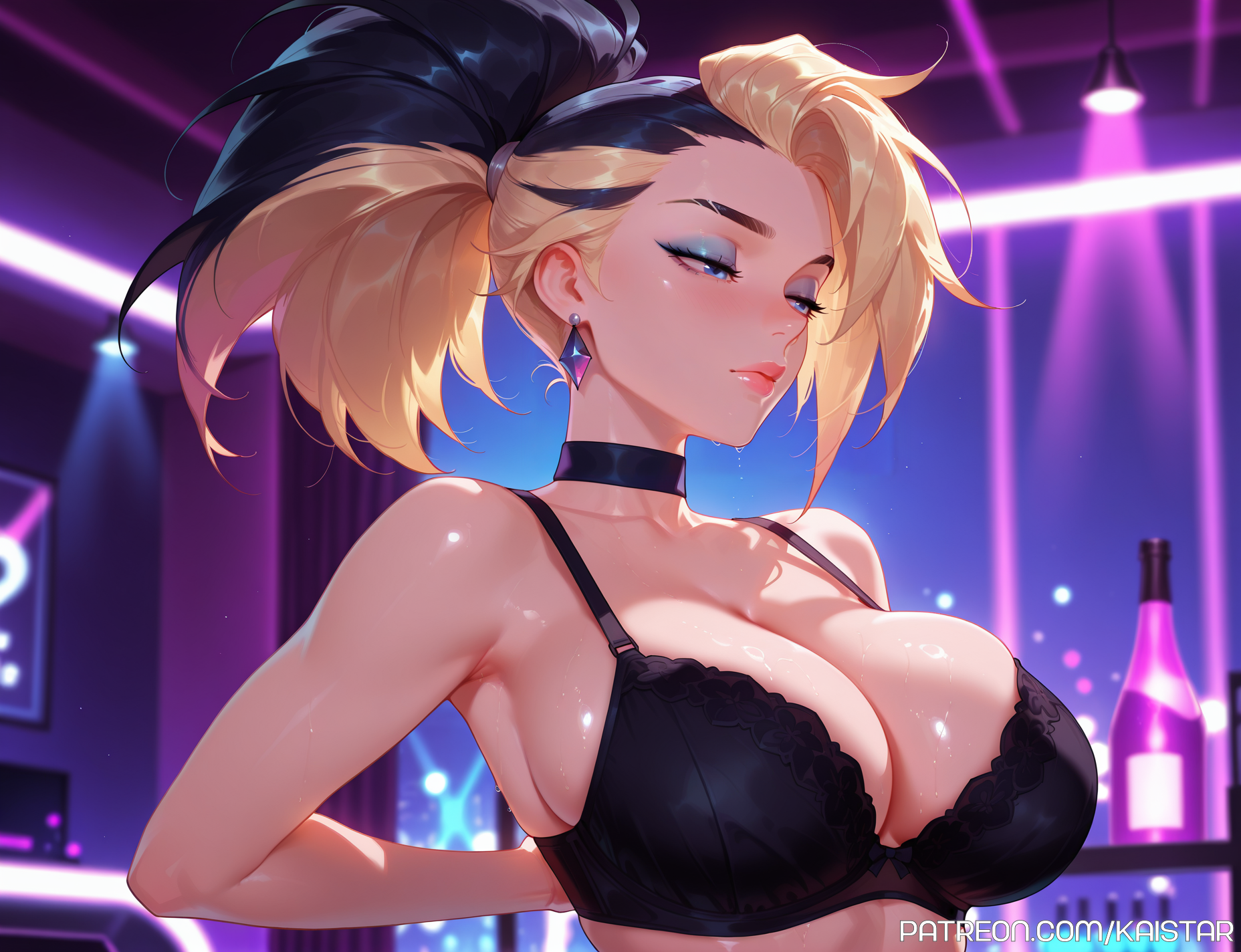 1girls, ai generated, akali, big breasts, black hair, blonde hair, blue eyes, breasts, female, female focus, female only, high resolution, highres, huge boobs, huge breasts, k/da akali, k/da all out akali, k/da all out series, k/da series, kaistar, large boobs, large breasts, league of legends, league of legends: wild rift, looking away, patreon, riot games, solo, solo female, solo focus